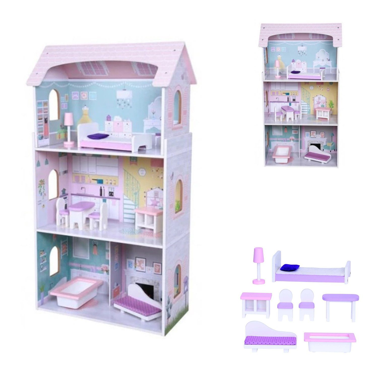 Moni Puppenhaus Holz-Puppenhaus Anna 4121, 8-tlg. Möbelset, 3 Etagen, verschiedene Räume
