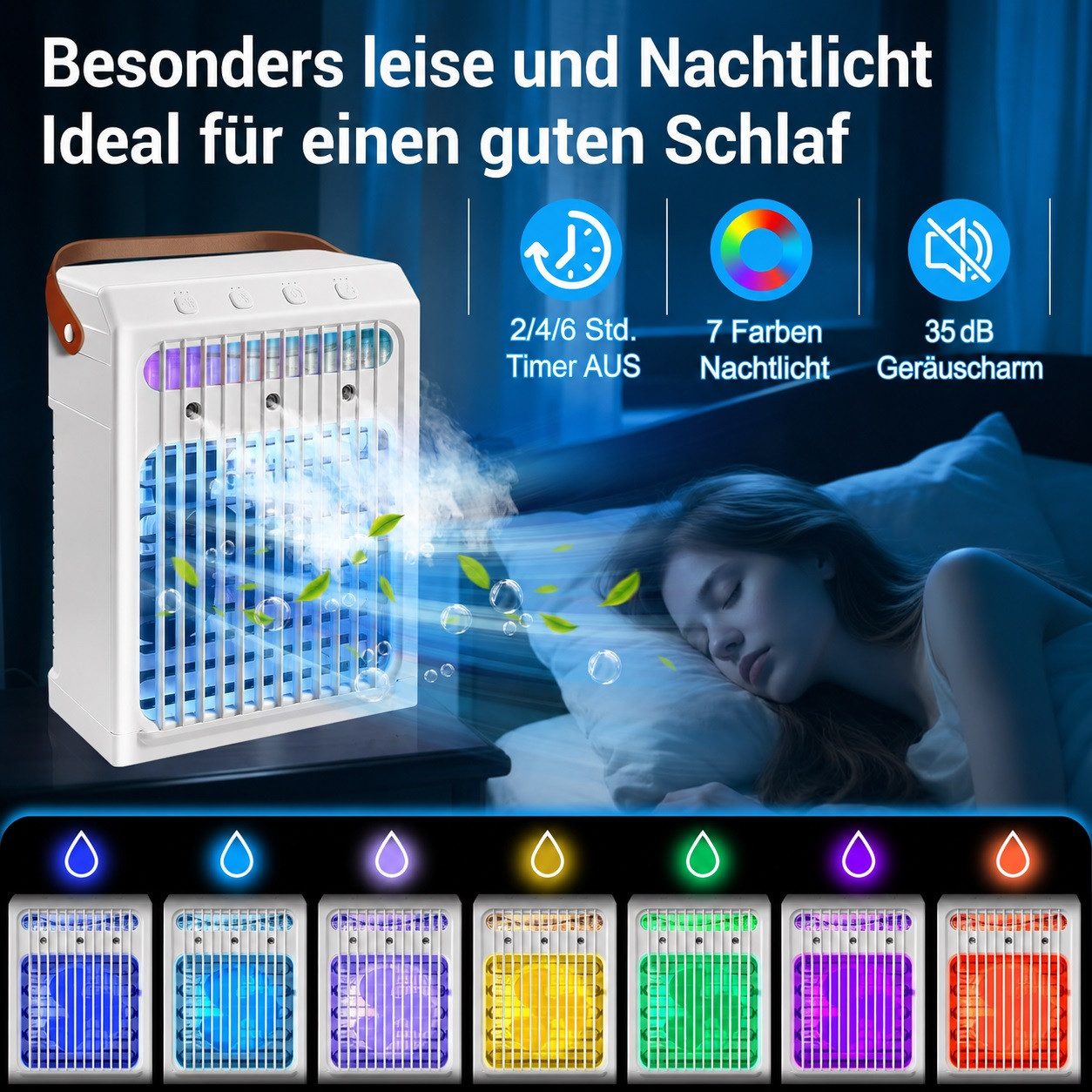 MOPUEA Ventilatorkombigerät Ventilatorkombigerät Luftkühler/Befeuchter/Ventilator Smart 4-in-1, 3 Geschwindigkeiten 7 Farben Nachtlicht Für Schlafzimmer Büro Zimmer