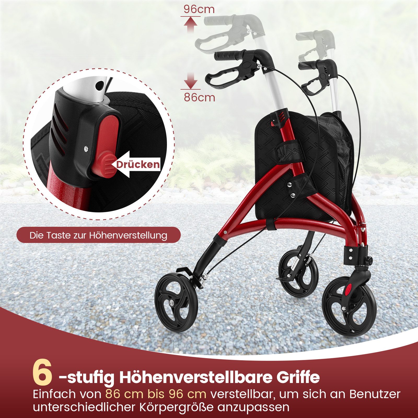 COSTWAY Rollator, Leicht und faltbar, mit großen Rädern, bis 150 kg