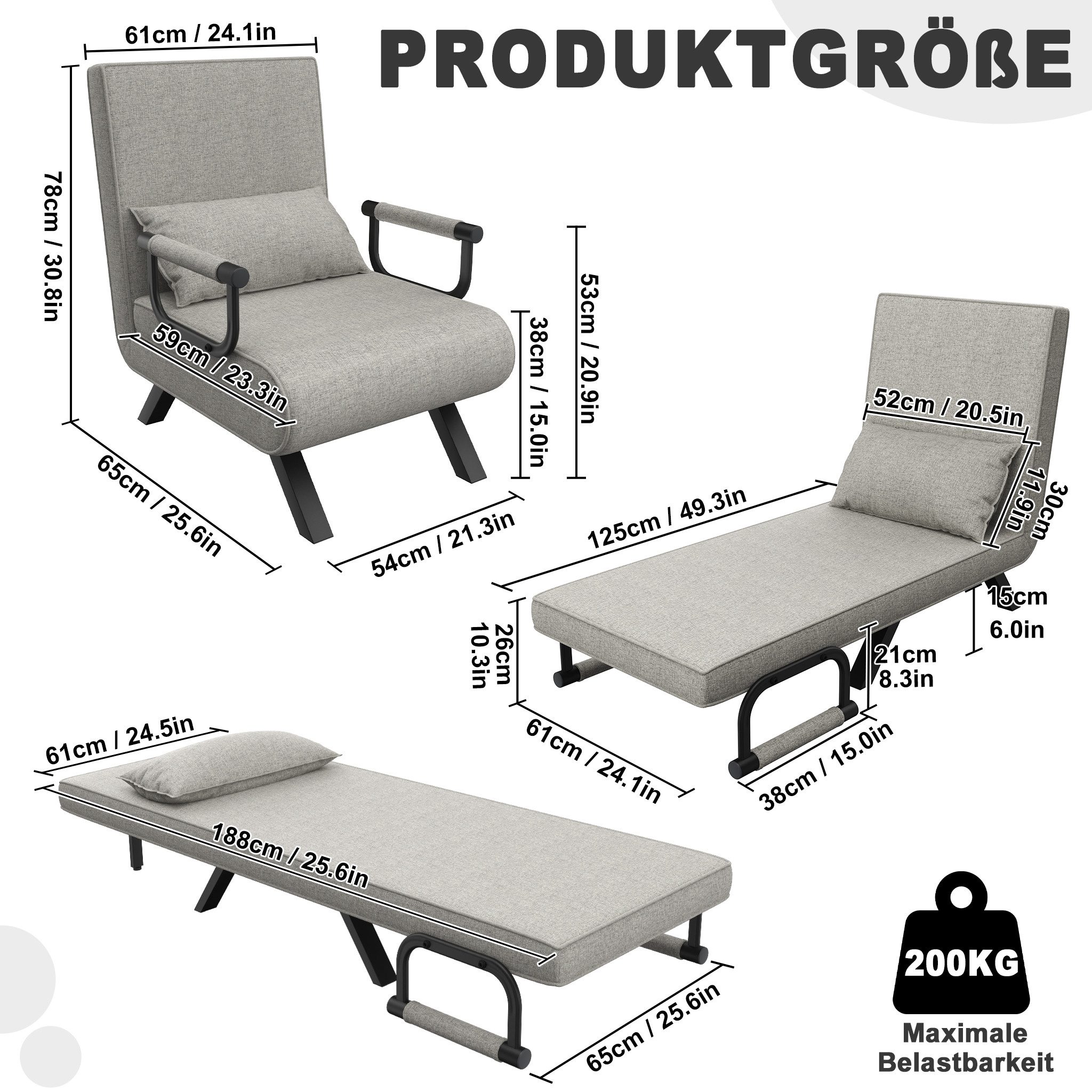 FIVMEN Sessel 3 in 1 Schlafsessel Schlafsofa Klappbares mit Bettfunktion, Klappsessel mit Verstellbare Rückenlehne Sofabett Gästebettfür