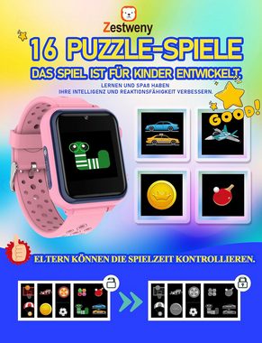 Zestweny Fur Kinder mit Videofunktion, MP3-Player Smartwatch, mit Call SOS und 16-Puzzle-Spiele, 10-Story Selfie-Kamera