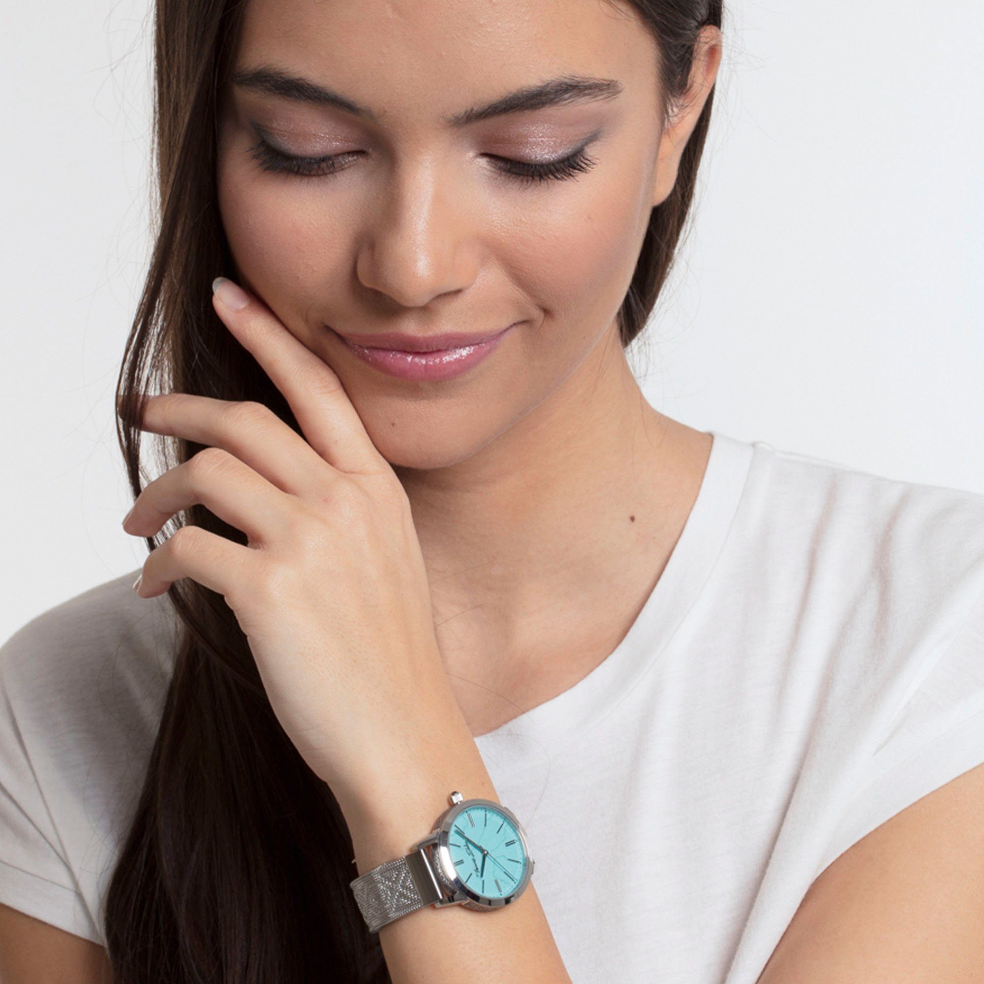 THOMAS SABO Quarzuhr ARIZONA SPIRIT WA0343-201-215-33 MM, Armbanduhr, Damenuhr, Hämatit-Stein auf der Krone, Edelstahlarmband