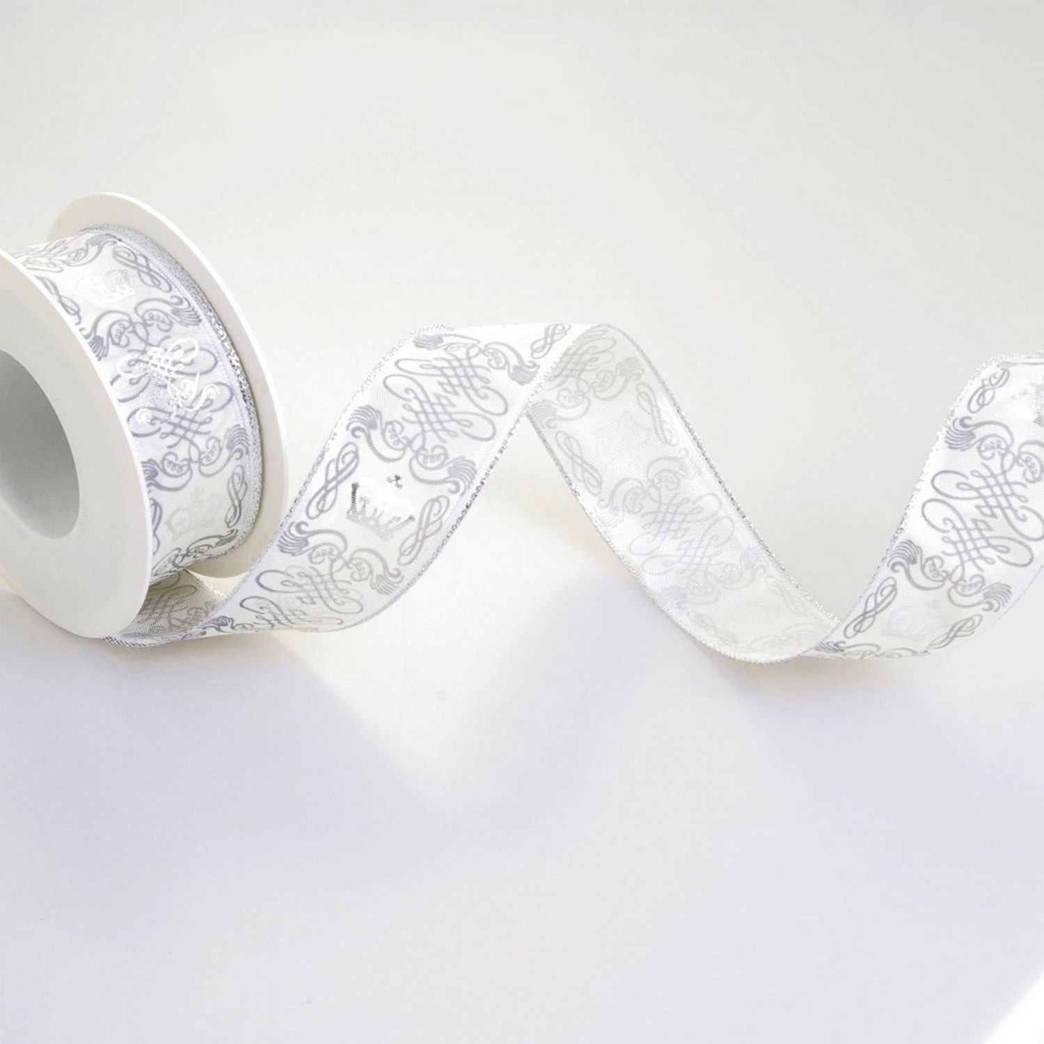 Deko AS Geschenkband Dekoband mit royalem Muster - weiß - 40mm - 20m - 10880 101, mit Drahtkante