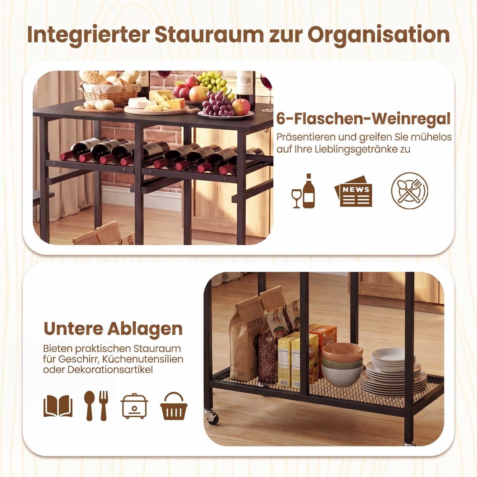 COSTWAY Esstisch, Set 3 tlg. mit 2 Hockern, klappbares Bartisch auf Rollen