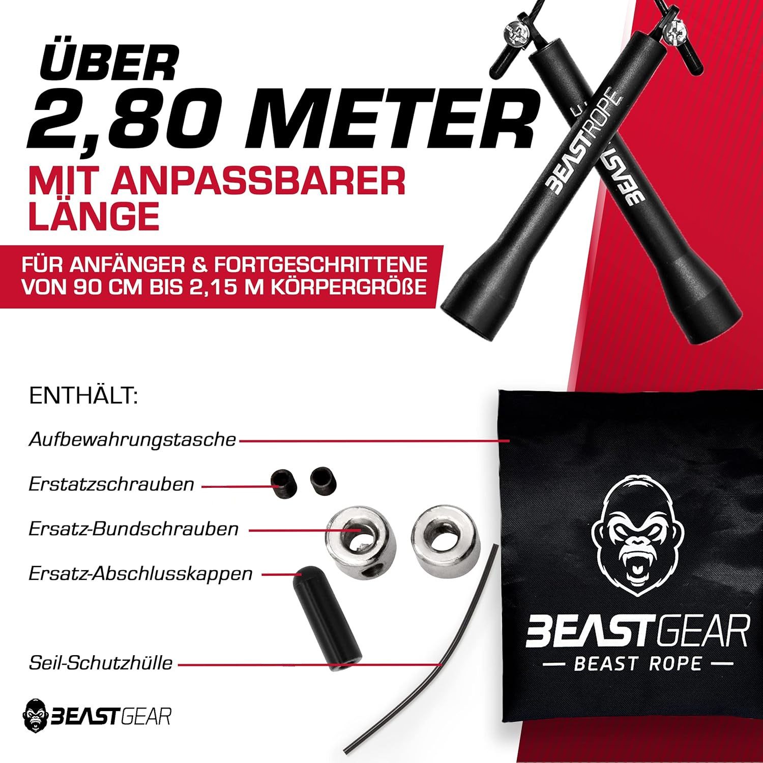 Beast Gear Springseil Sprungseil Fitness Stahlseil 280 cm verstellbar, Kugellager, Boxen, knick und verdrehsicher, Länge individuell einstellbar
