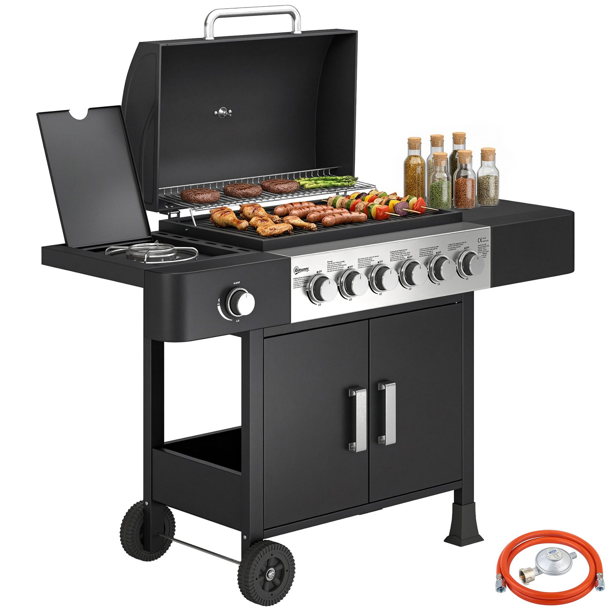 Outsunny Gasgrill inkl Rolle,Seitenbrenner, Thermometer, Emaille-Grillrost, Gas-Grill, BBQ Grillwagen, für Balkon BBQ Party