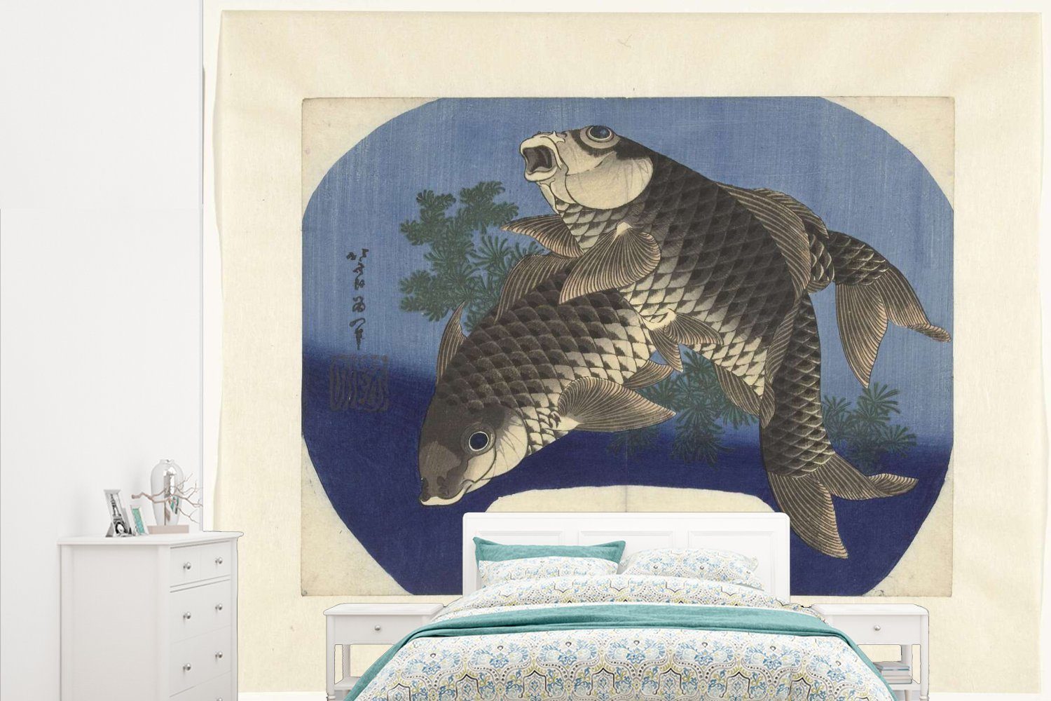 MuchoWow Fototapete Zwei Karpfen - Gemälde von Katsushika Hokusai, Matt, bedruckt, (5 St), Vliestapete für Wohnzimmer Schlafzimmer Küche, Fototapete