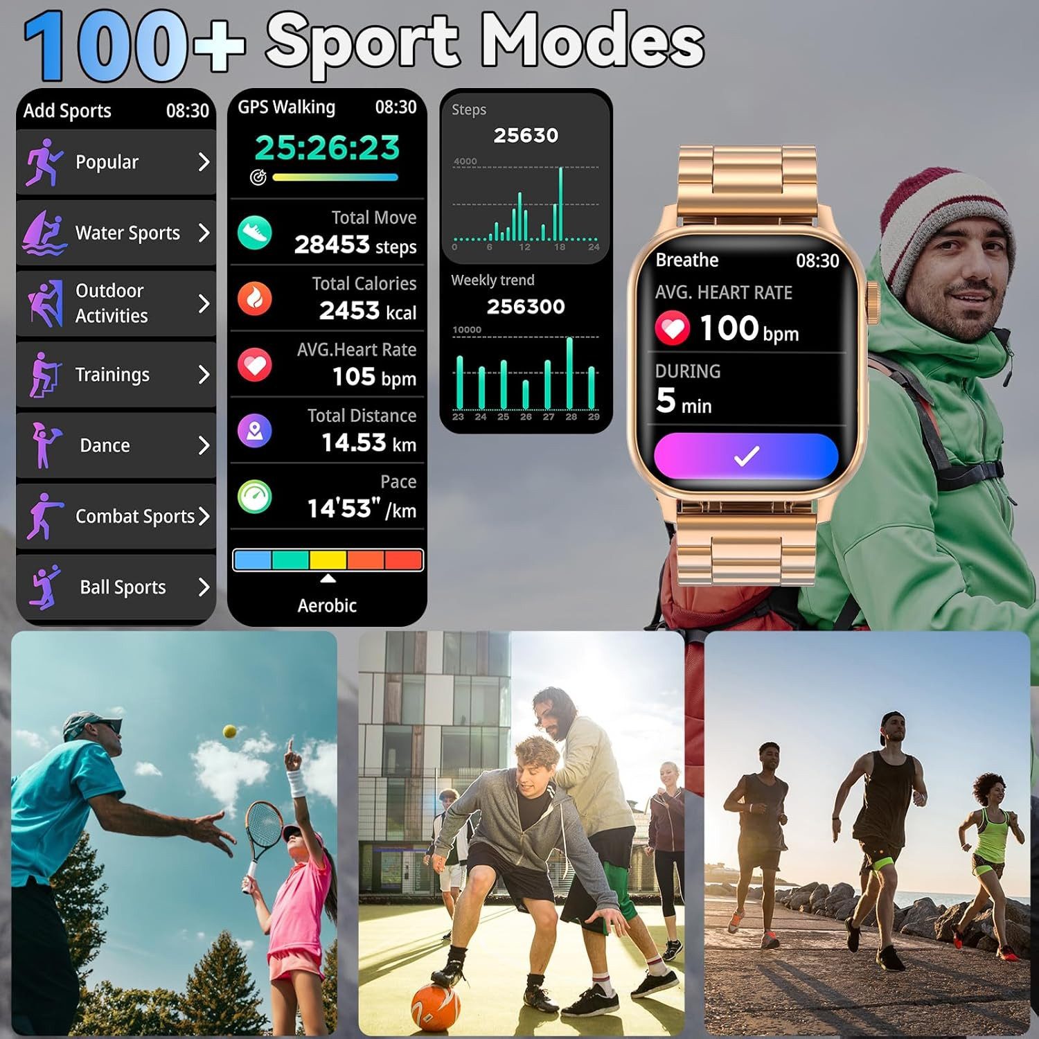 Zevelora Herren's Anruffunktion Fitness Tracker Telefonfunktion Smartwatch (Android/iOS), mit 2 verstellbaren Armbändern Business Stil Smart Watch 100+Sportmodi