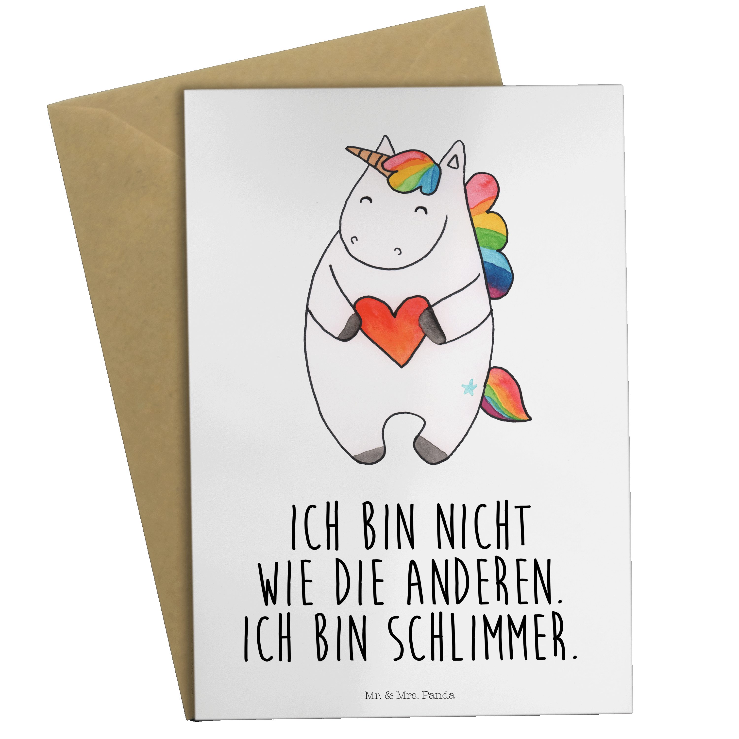 Mr. & Mrs. Panda Grußkarte Einhorn Herz - Weiß - Geschenk, böse, Karte, Einhörner, Geburtstagska