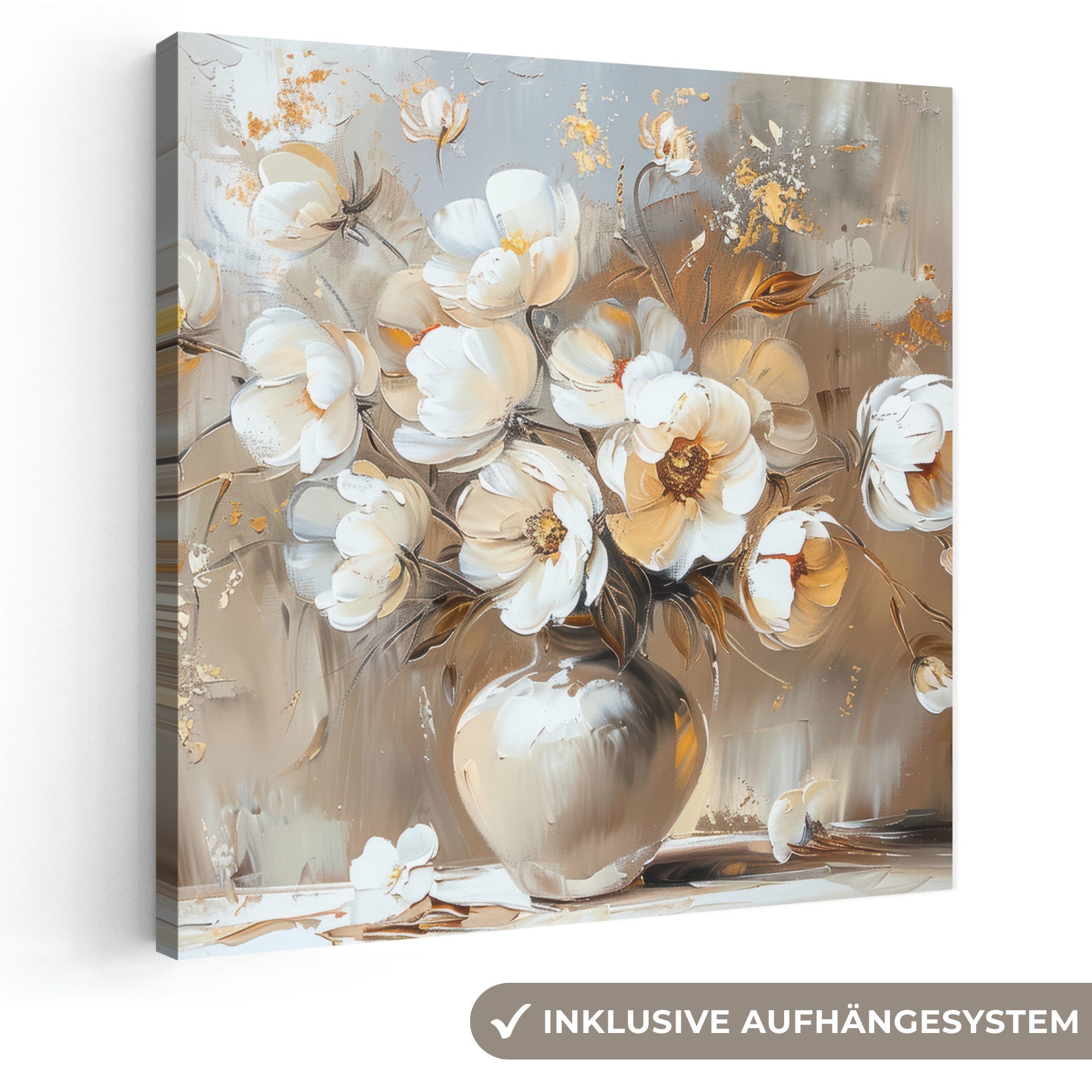 OneMillionCanvasses® Leinwandbild Vase - Blumen - Kunst - Gold, Fotodruck (1 St), Wandbild, Deko Schlafzimmer Wohnzimmer Flur 20x20 cm