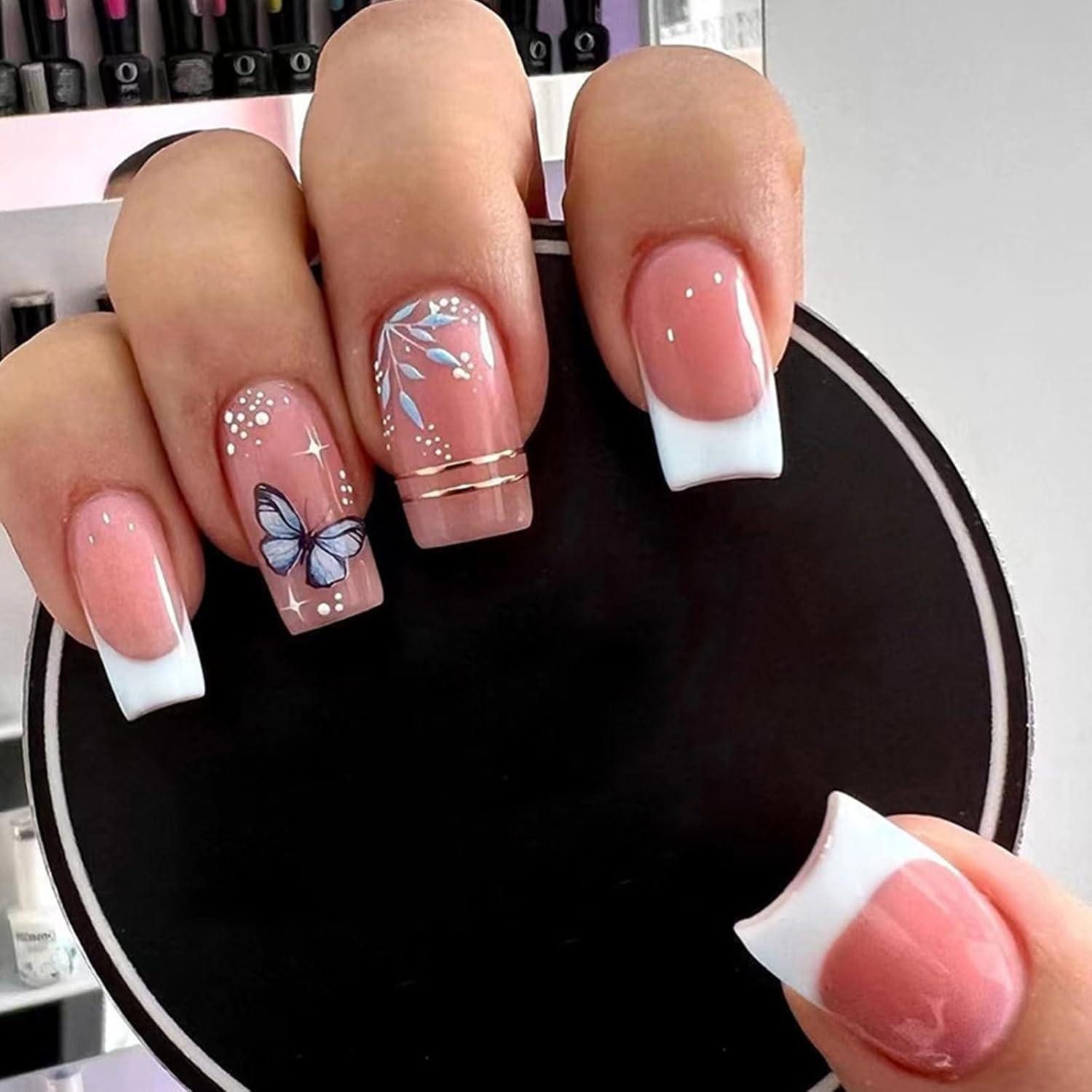 Kunstfingernägel 24er Pack Kurze Eckige Kunstnägel Schmetterling Design Rosa