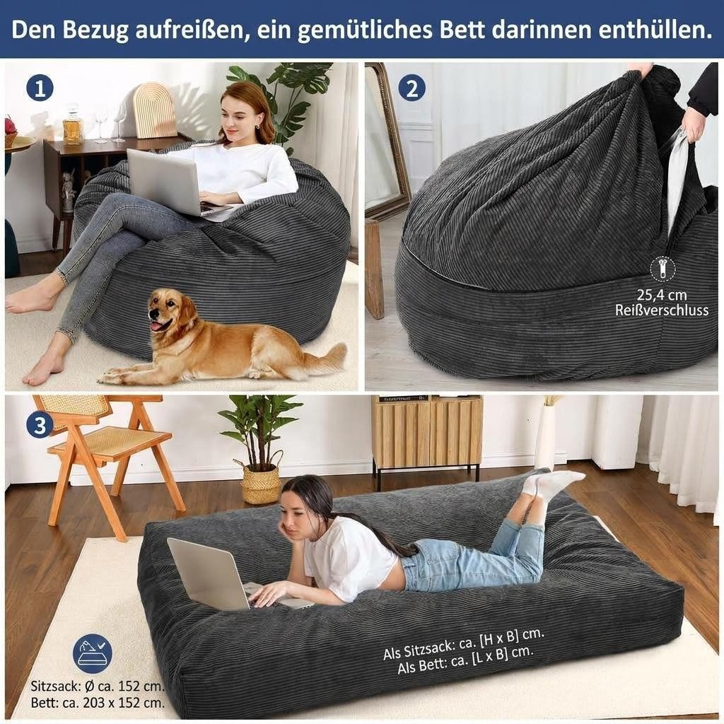 GarveeMore Sitzsack Sessel Bodensessel Beanbag aus Cord für Erwachsene & Kinder – Bild 5 von 5