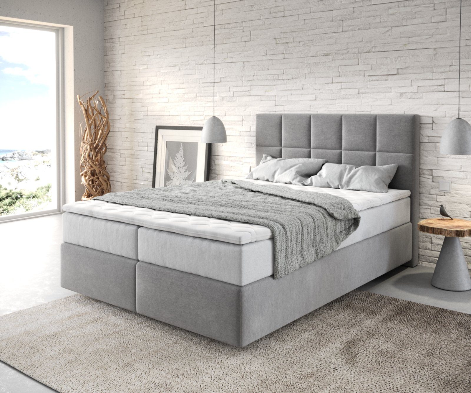 DELIFE Boxspringbett Dream-Fine, Mikrofaser Grau 140x200 cm mit TFK Matratze und Visco Topper