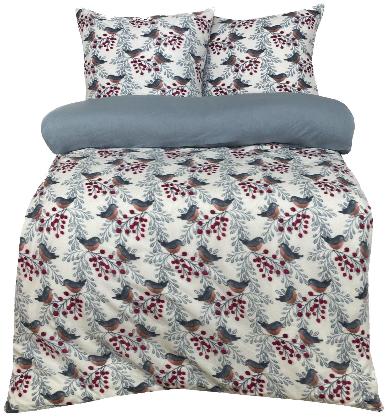 Leonado Vicenti Bettwäsche Winter flauschig warm, Fleece, 2 teilig, Thermofleece kuschelig weich, Vögel
