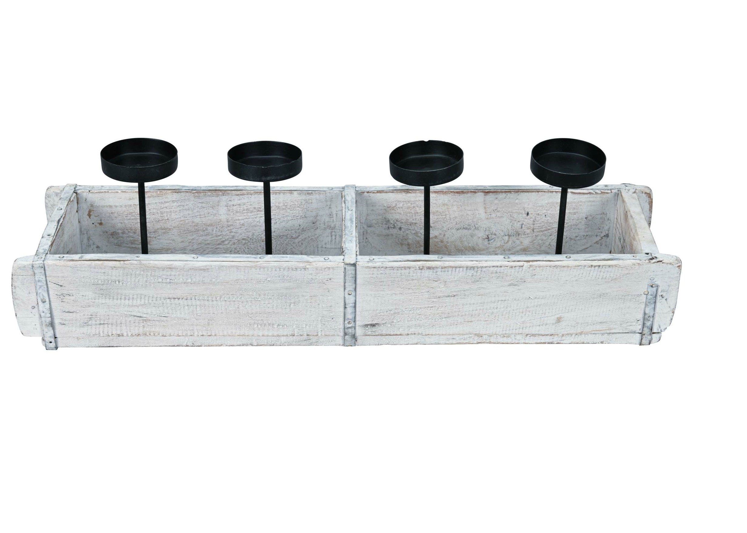 finehomegarden Kerzenhalter Kerzenständer RUSTIK weiß/gewischt 56x15cm H16cm Holz Ziegelform (1 St), mit 4 Kerzenhaltern Advent Holzkiste Dekoration