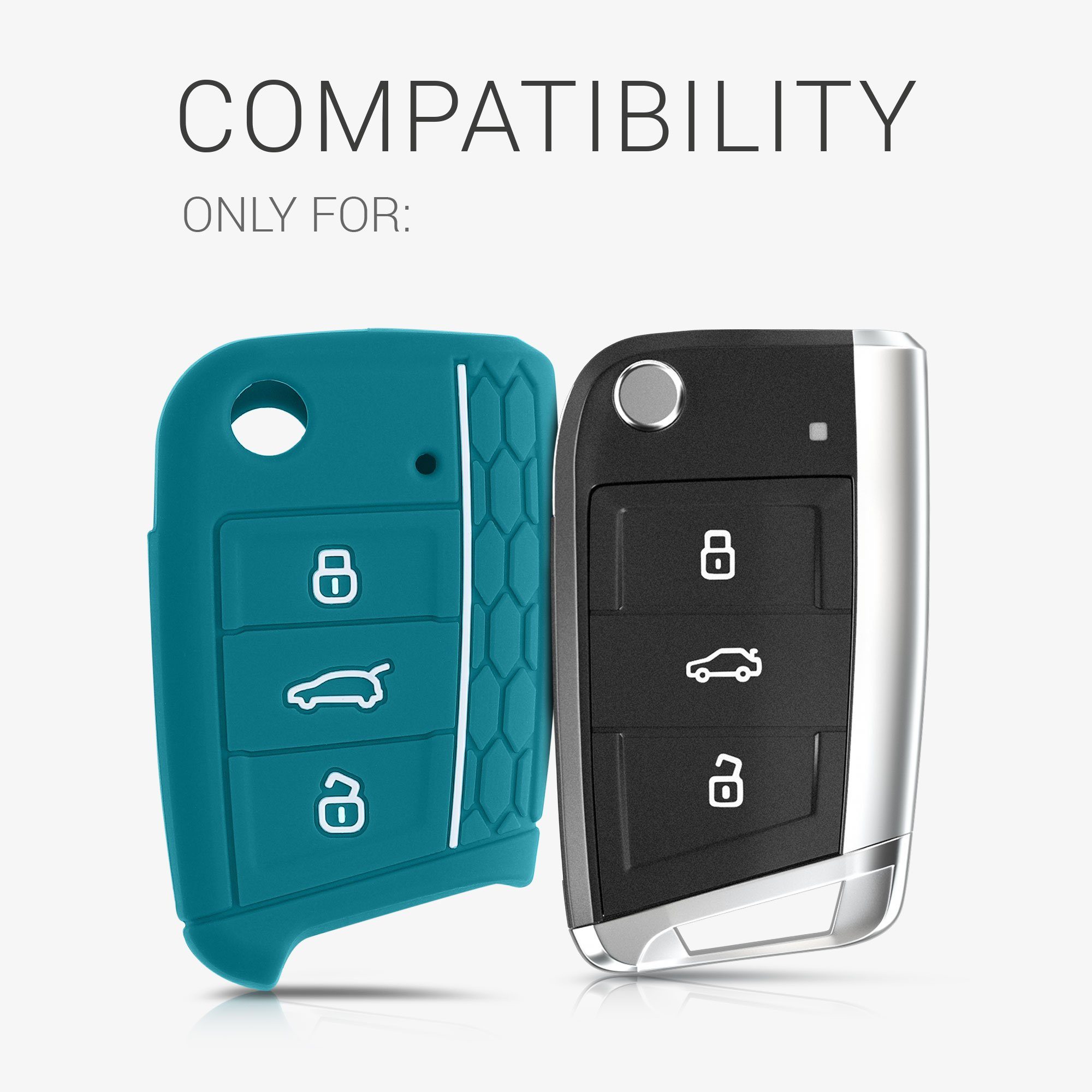 Schlüsselhülle 7 Cover Hülle Silikon für kwmobile Autoschlüssel Schlüssel VW MK7, Petrol-Weiß Case Schlüsseltasche Golf