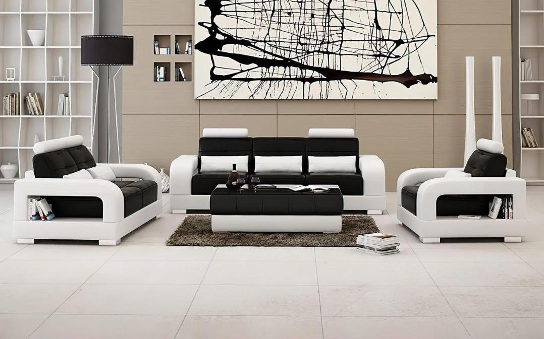 JVmoebel Sofa Moderne Ledersofa Couch Sofagarnitur 3+2+1 Design Sofa, Made in Europe Schwarz/Weiß