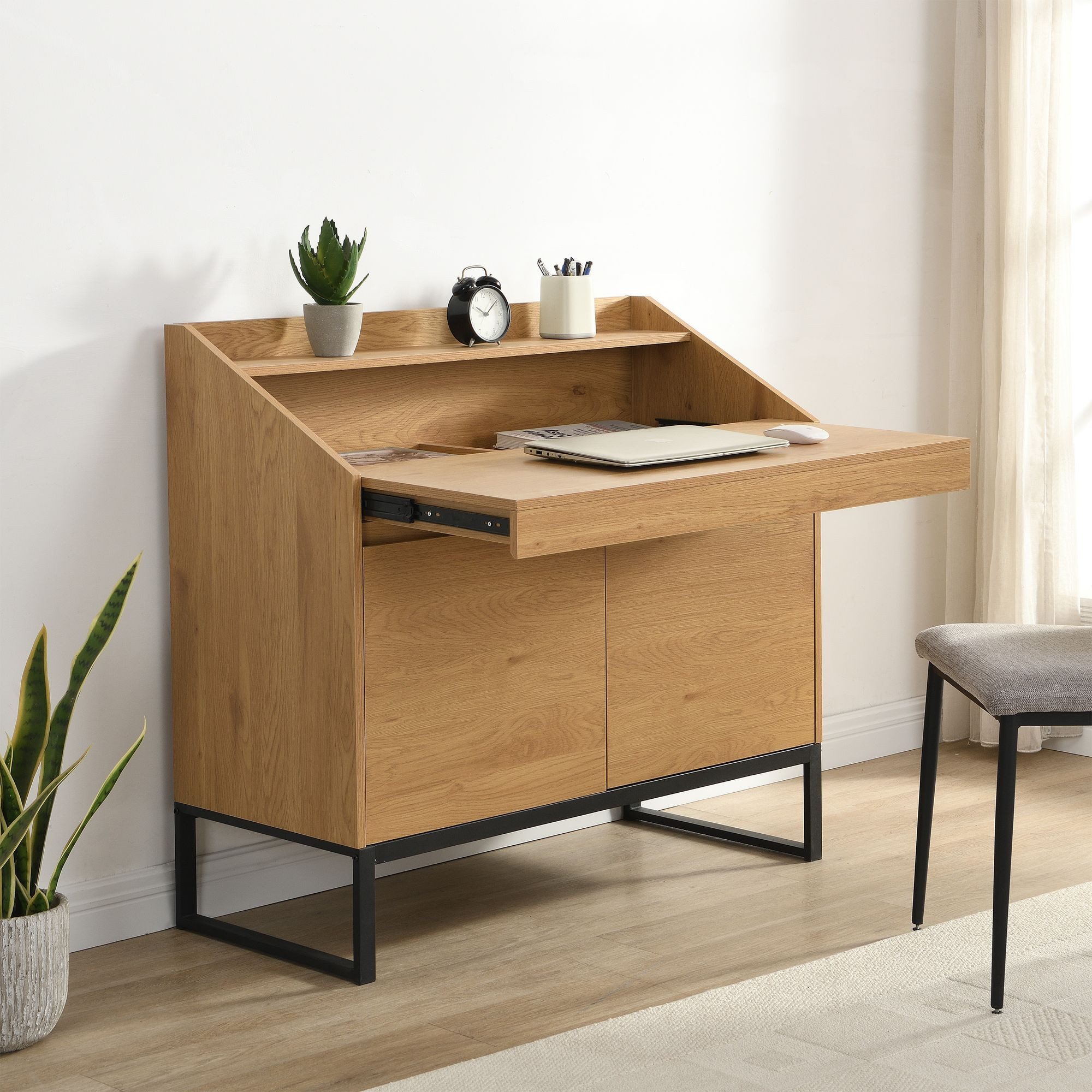 Wohnling Schreibtisch WL7.632 Kompaktschreibtisch 100cm Stauraum Sekretär Bürotisch Eiche (Moderner Tisch mit ausziehbarer Tischplatte), Viel Stauraum hinter zwei Türen in Holzoptik