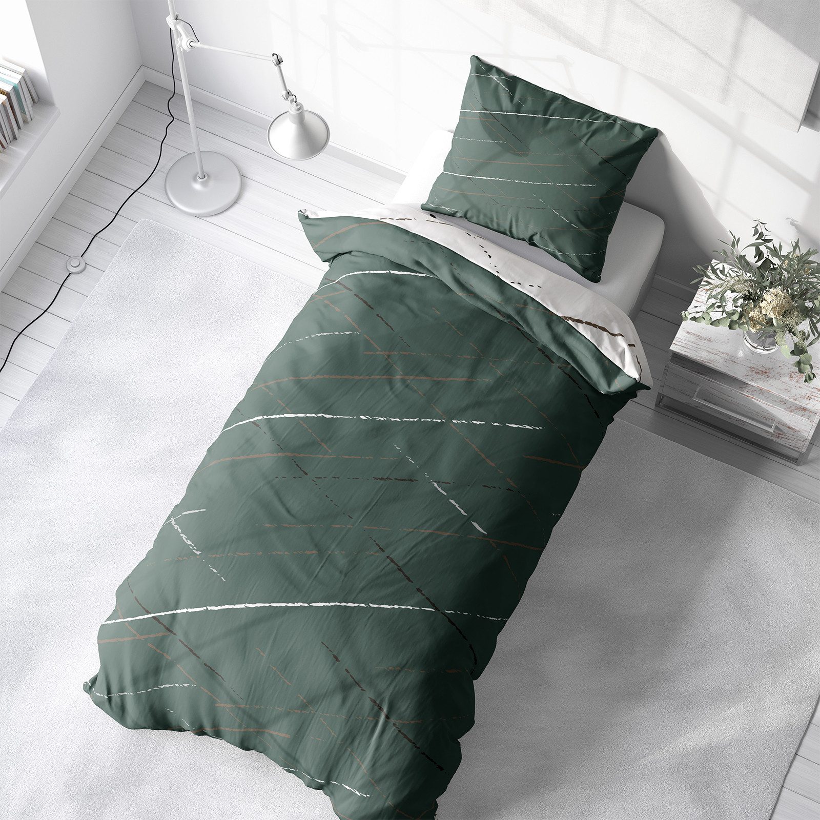 Visaggio Bettwäsche Hochwertige Polycotton Bettbezug in 6 Größen, Renforcé, 2 teilig, schlichtes Streifen Design mit Wendeseite, Beige, Grau und Grün