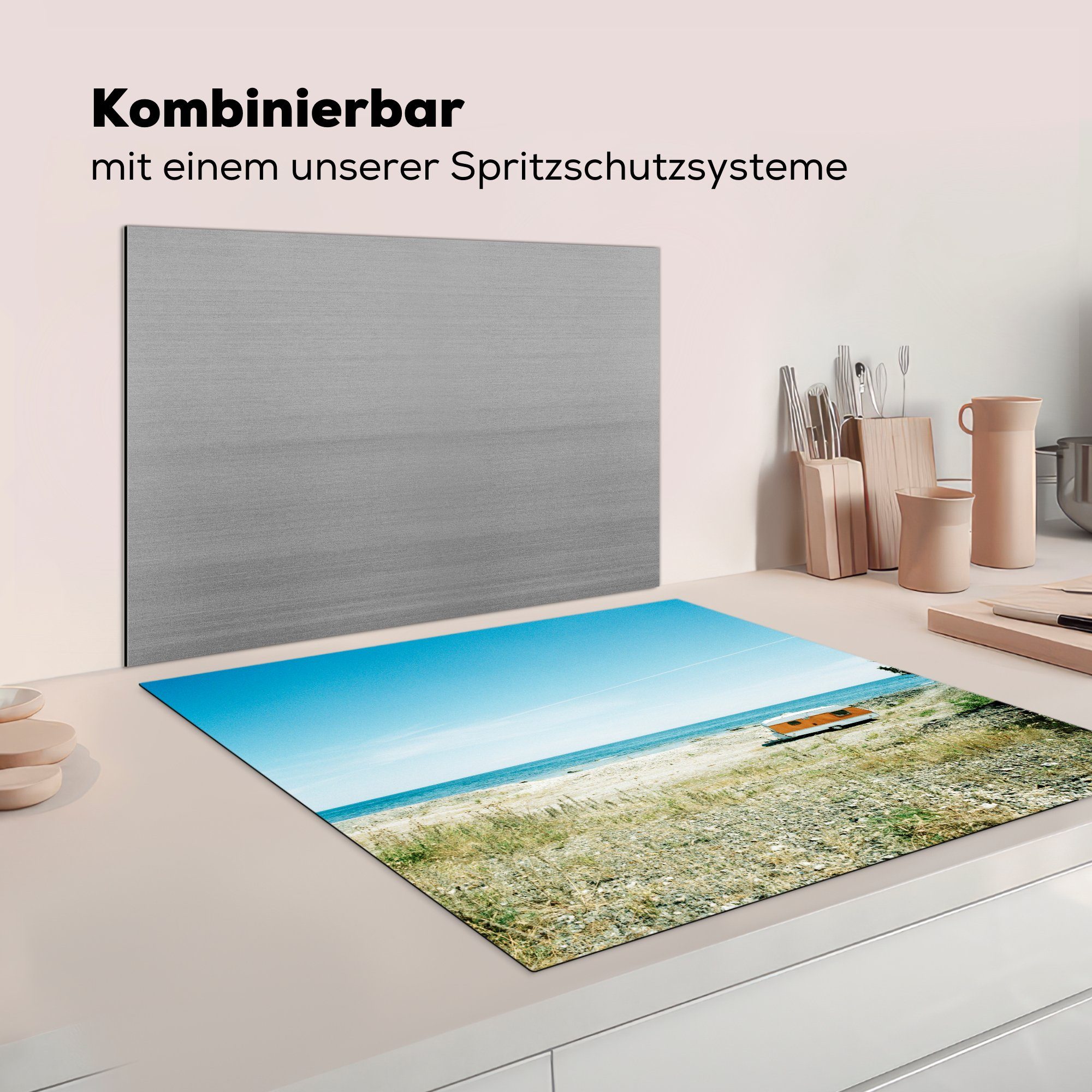 cm, tlg), für Herdblende-/Abdeckplatte Ceranfeldabdeckung, 78x78 Wohnwagens am (1 küche Arbeitsplatte Bild Buntes Vinyl, Strand, eines MuchoWow