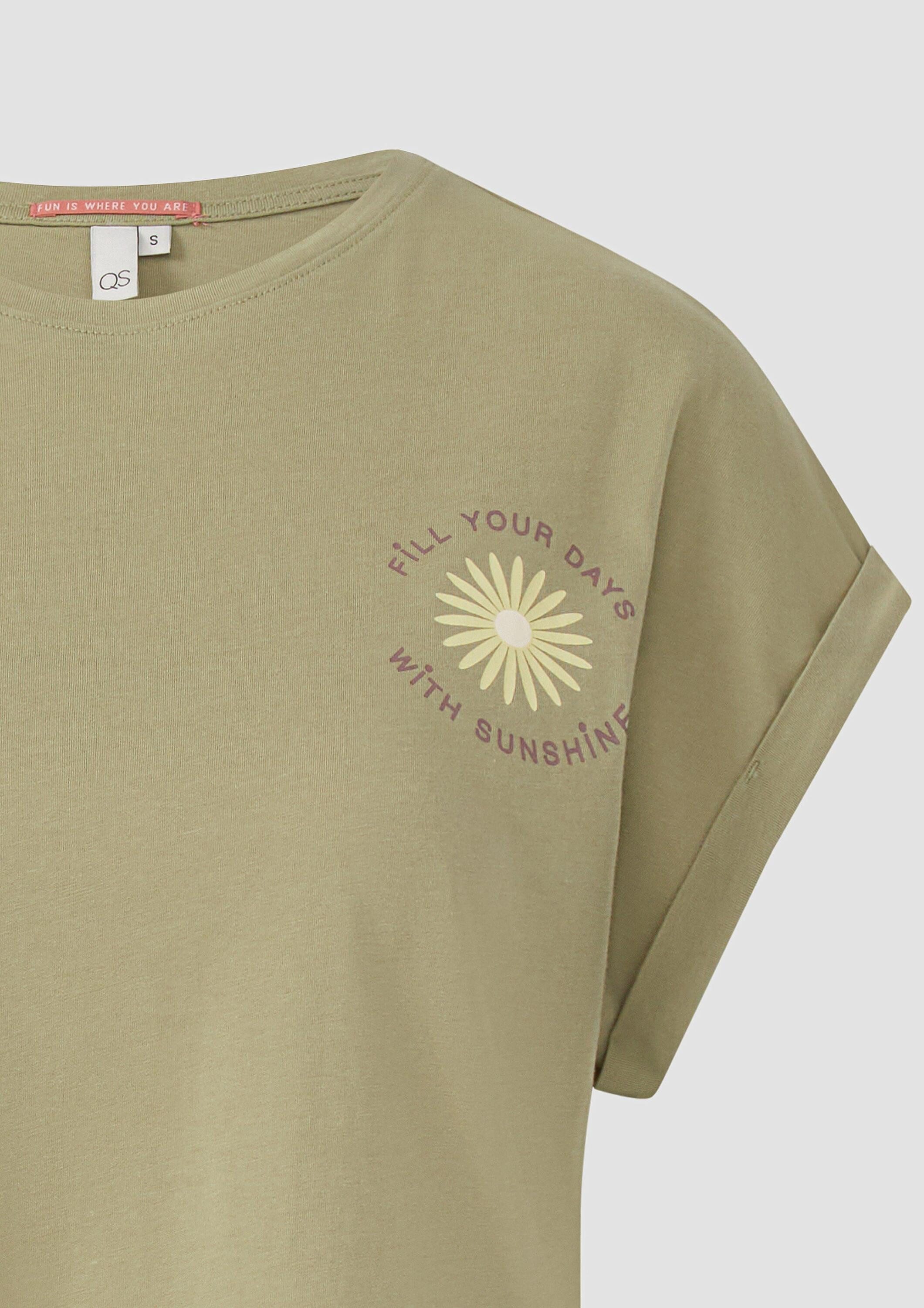 QS Kurzarmshirt T-Shirt Lockeres T- Shirt mit Ärmelaufschlag und Frontprint
