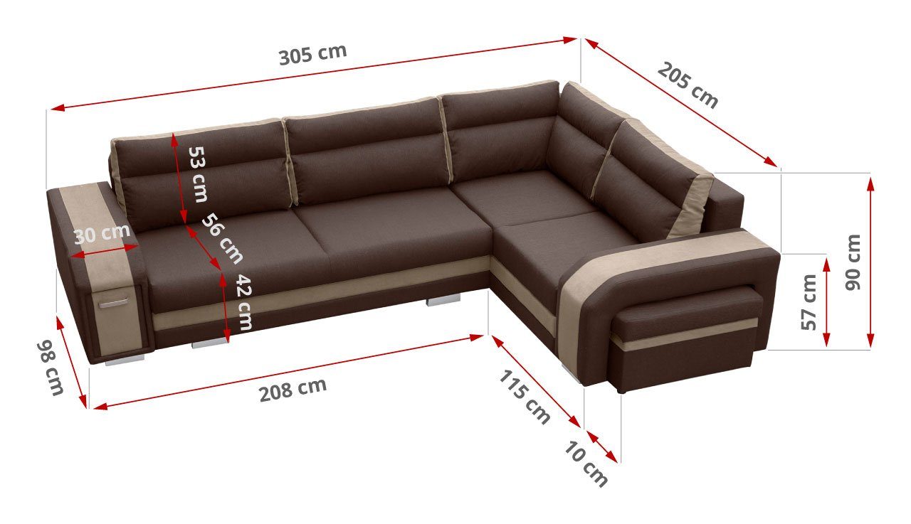 MÖBEL NASSAN, Braun-beige Ecksofa Minibar mit Schlaffunktion Couch mit - L-Form und Inari MKS Hocker