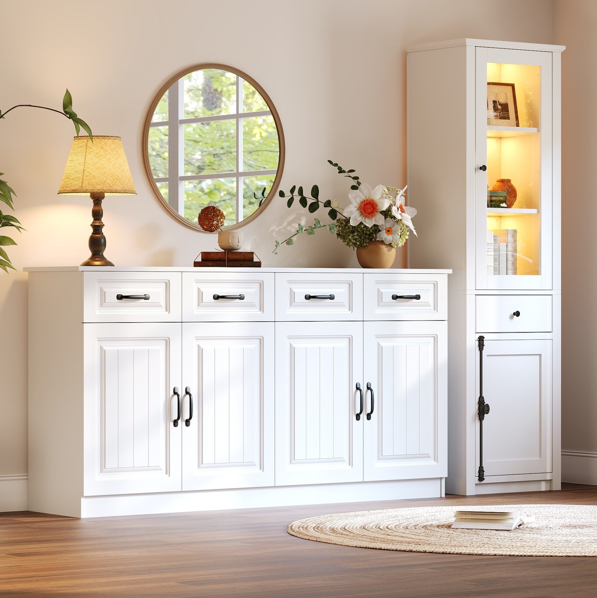 MODFU Wohnzimmer-Set 2-teiliges Möbelset: Sideboard & Vitrine, (1-St., Sideboard: 160×80×35 cm & Vitrine: 55×200×40 cm, MDF), Weiß lackiert, stabil, pflegeleicht