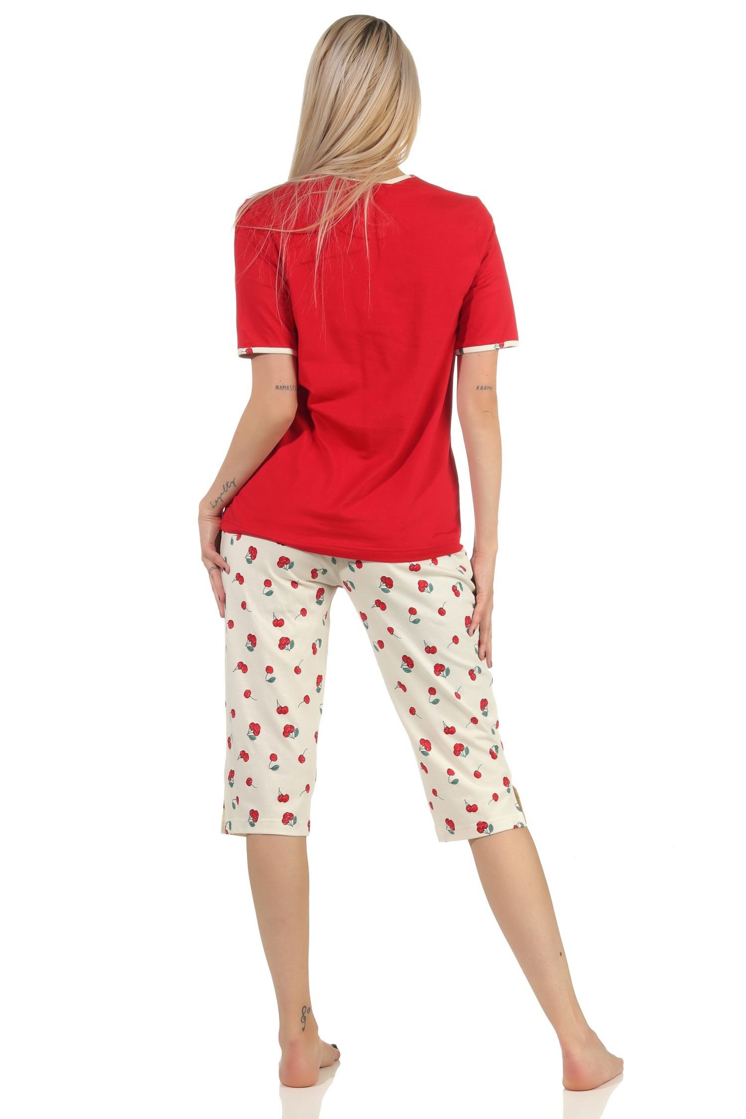 Normann Pyjama Süsser Damen Capri Schlafanzug kurzarm Pyjama mit Kirschen als Motiv – Bild 3 von 4