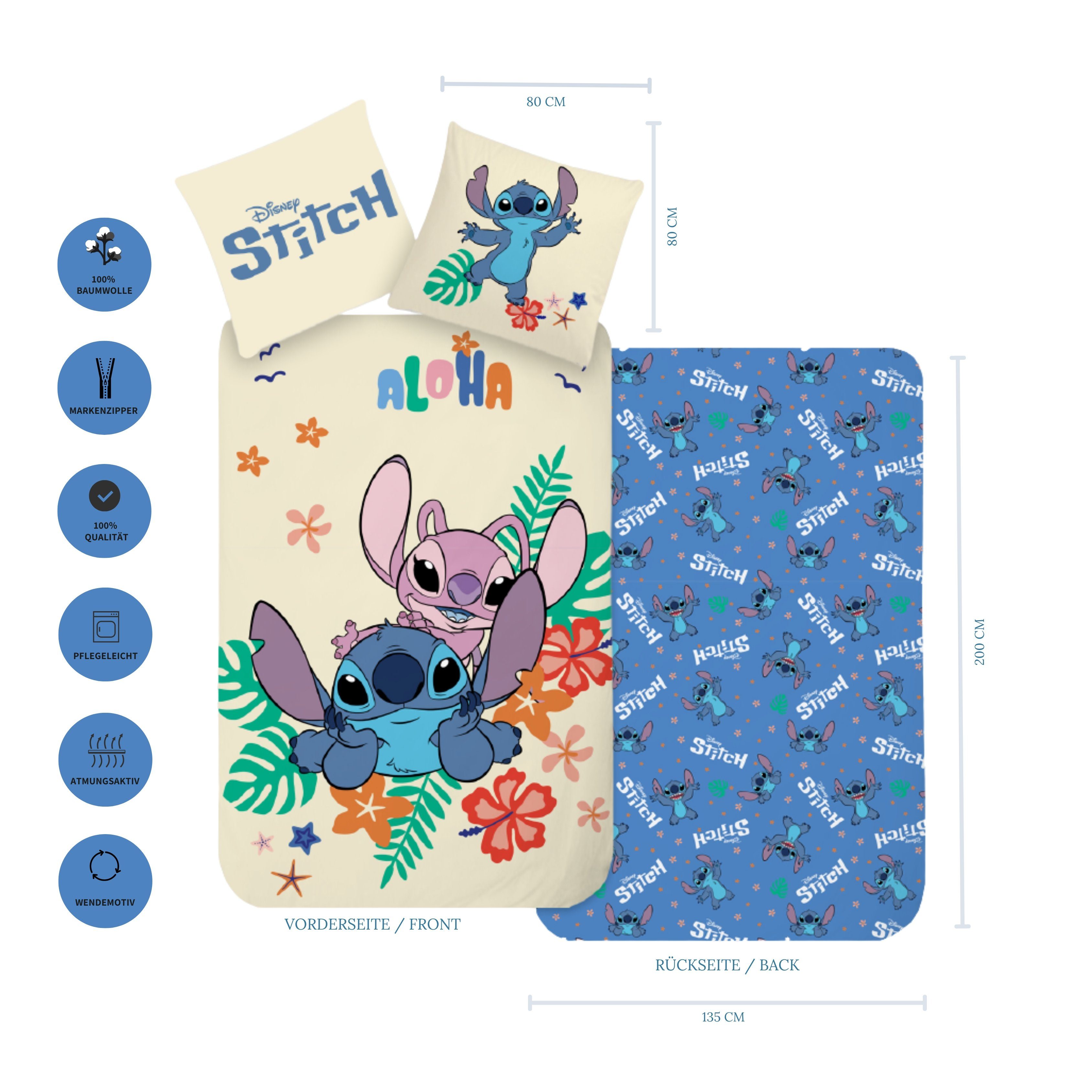 MTOnlinehandel Bettwäsche Lilo & Stitch 135x200 + 80x80 cm, 100 % Baumwolle, Renforcé, 2 teilig, Disney's Kinderbettwäsche mit Reißverschluss