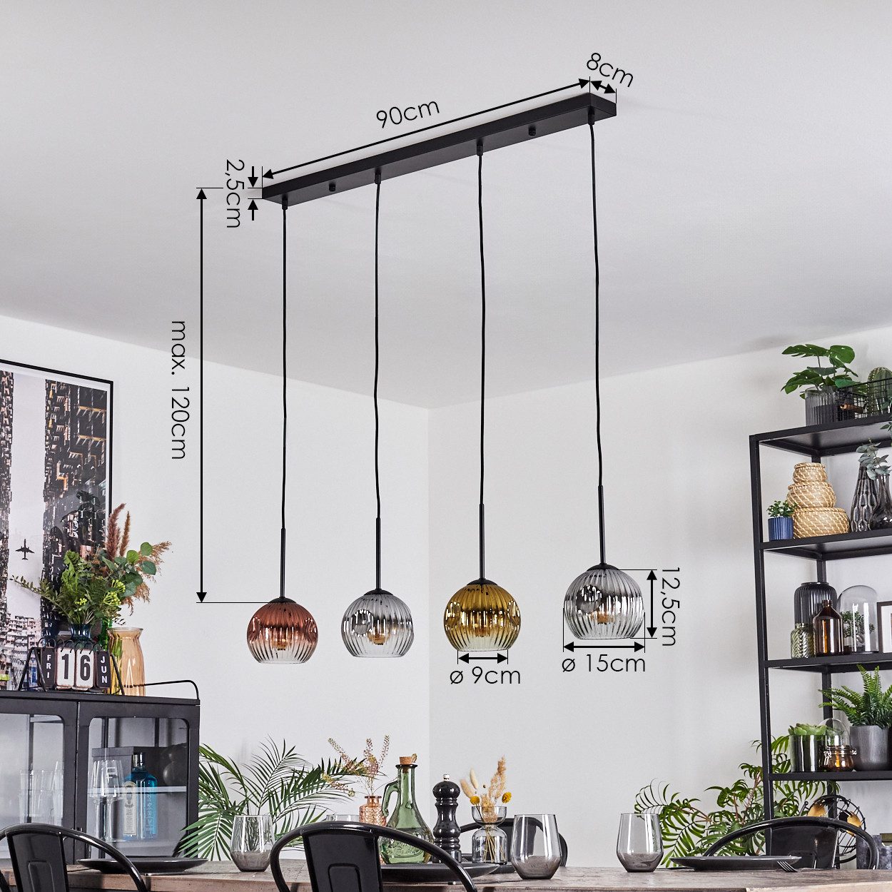 hofstein Hängeleuchte Hängelampe aus Metall/Riffelglas in Schwarz/Kupfer/Rauch/Gold/Klar, Hängeleuchte im modernen Retro/Vintage-Design (15 cm), 4 x E27