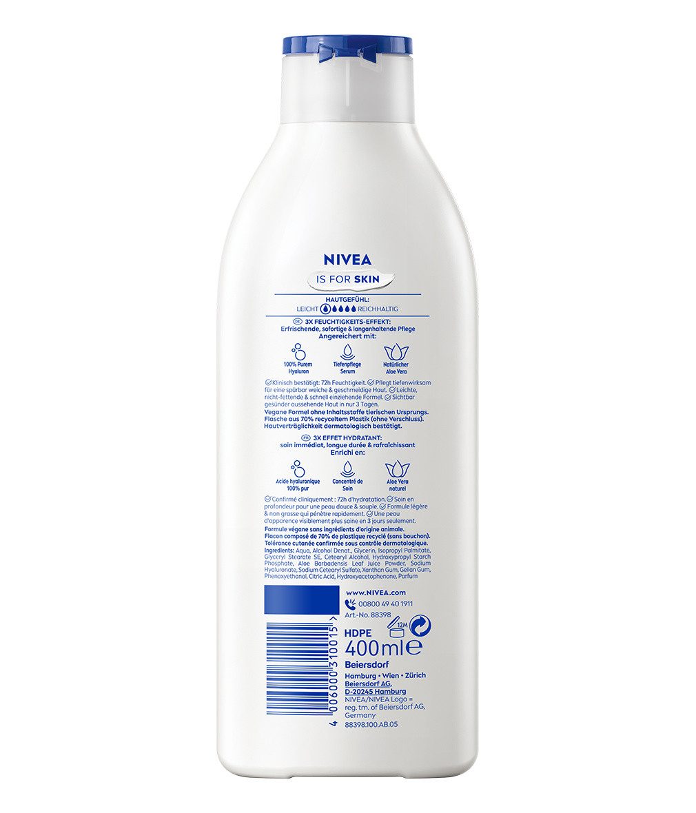 Nivea Bodylotion Aloe 2x400ml 72h Feuchtigkeit Pures Hyaluron Aloe Vera, 2-tlg., Leichte, nicht-fettende & schnell einziehende Formel