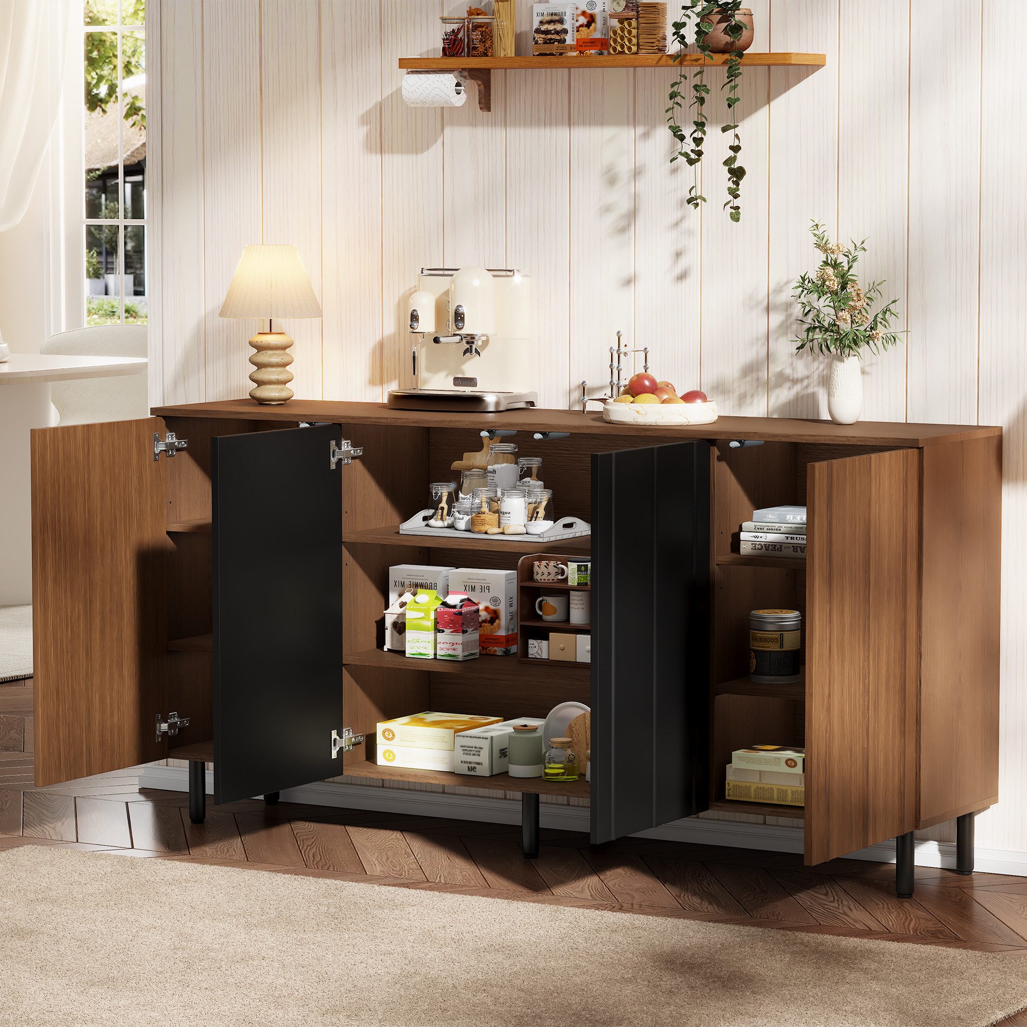 Merax Sideboard in Nussbaum Optik mit schwarzen Akzenten (1 St., Aufbewahrungsschrank Küchenbuffet 160x35x80 cm), Kommode mit 4 Türen, verstellbaren Regalböden  – Bild 4 von 5