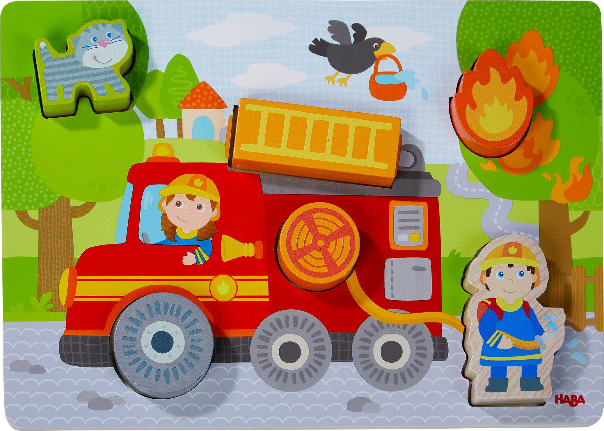 Haba Steckpuzzle Holzspielzeug, Feuerwehrauto, 7 Puzzleteile, aus Holz