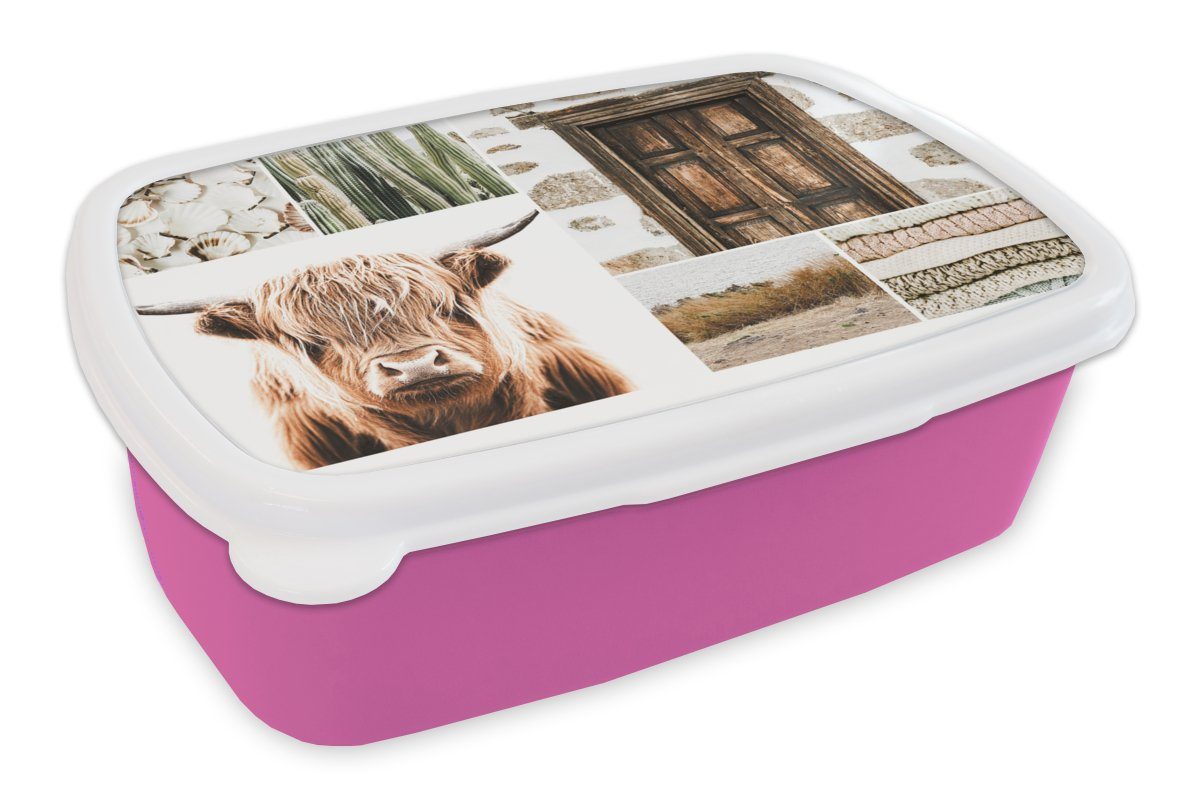 MuchoWow Lunchbox Schottischer Highlander - Collage - Weiß - Beige, Kunststoff, (2-tlg), Brotbox für Erwachsene, Brotdose Kinder, Snackbox, Mädchen, Kunststoff rosa
