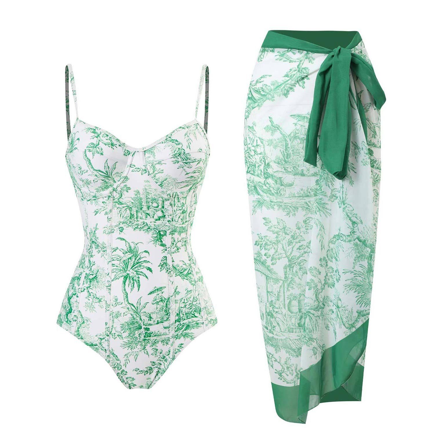 MAGICSHE Badeanzug Einteiliger Badeanzug Push ups+1 Set Vintage bedruckter Badeanzug Sexy High Waisted Sport Badeanzug für Damen grün