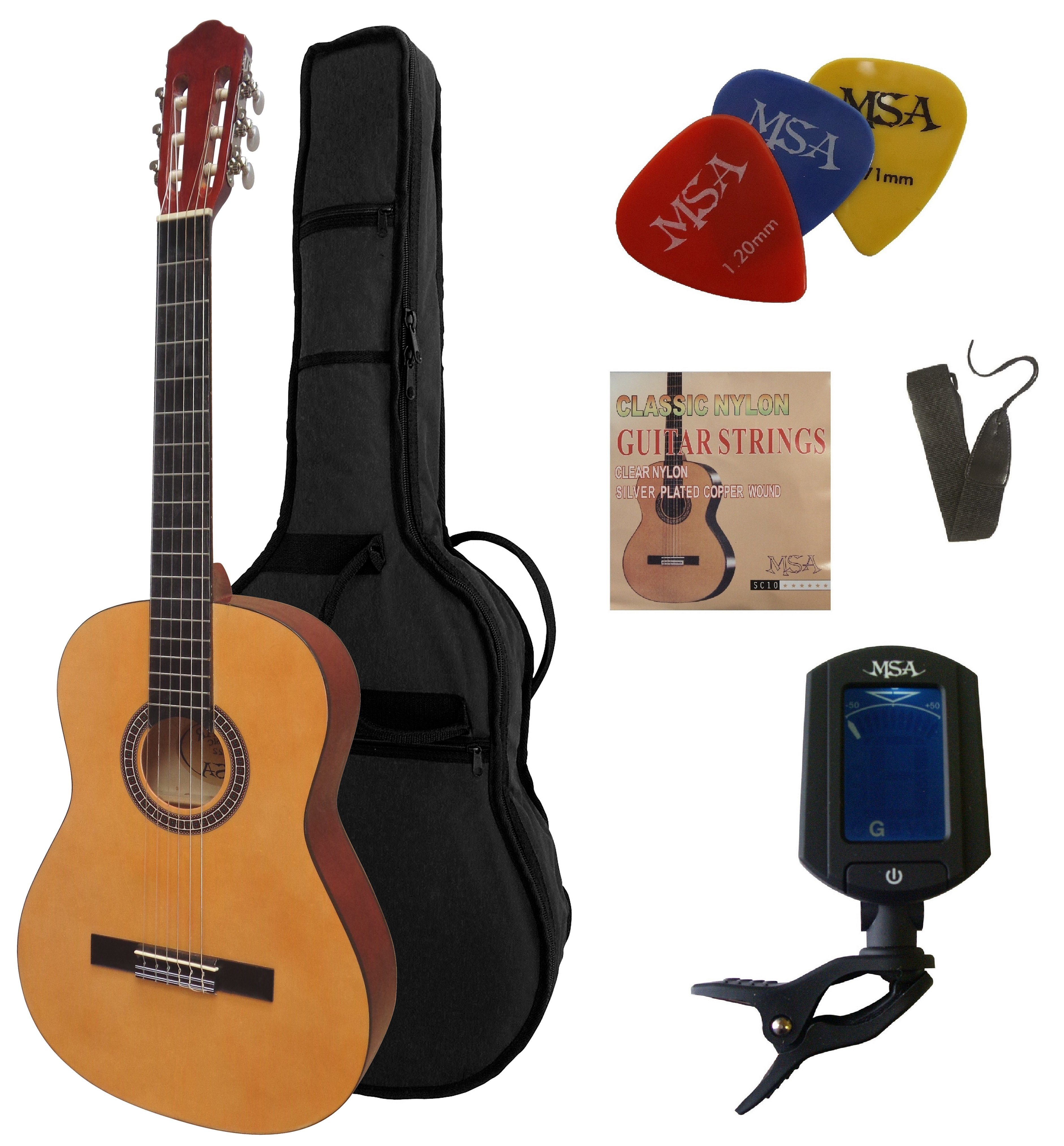 MSA Konzertgitarre 4/4 Gitarre für Linkshänder im Set, Tasche, Band, Saiten, Stimmgerät