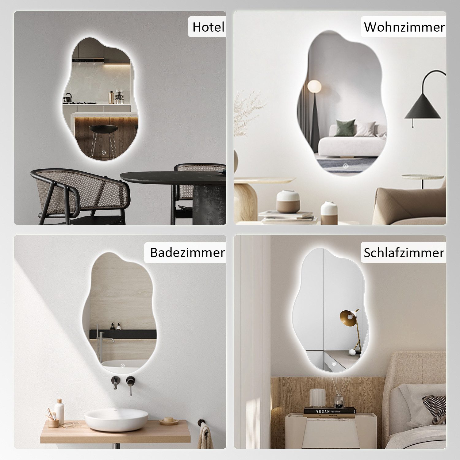 WDWRITTI Schminkspiegel mit beleuchtung wandmontage Spiegel mit beleuchtung für schminktisch (LED Spiegel Wandspiegel Asymmetrisch, Wolke, 62x90cm, 52x85cm), 3Lichtfarben, Dimmbar, Speicherfunktion