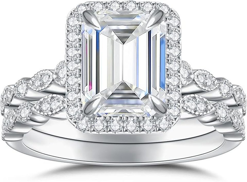 Jumpeak Diamantring Diamantring mit Smaragdschliff, doppelreihiger Diamantring,3 ct,D,VS1, 585er Gold, Verlobungsring, Ehering, Geschenk zum Jahrestag