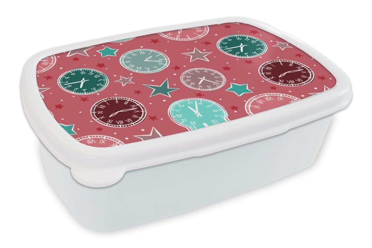MuchoWow Lunchbox Uhr - Rosa - Muster - Sterne, Kunststoff, (2-tlg), Brotbox für Kinder und Erwachsene, Brotdose, für Jungs und Mädchen weiß