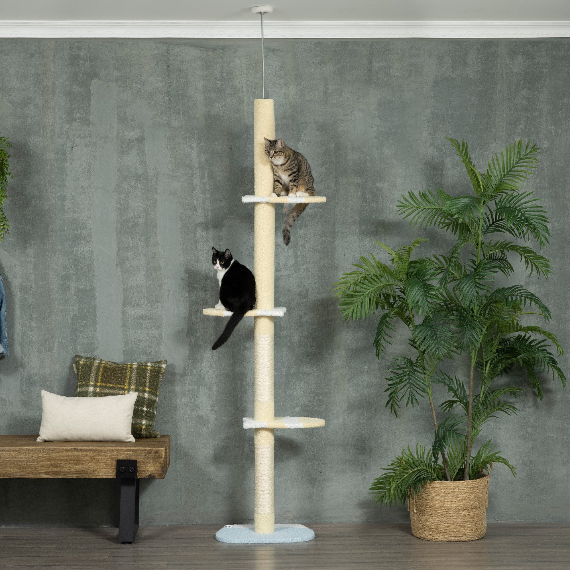 PawHut Kratzbaum Deckenhoch, 220-260 cm, mit Spielball, Katzenbaum höhenverstellbar, mit Kippschutz, Plüsch, Gelb