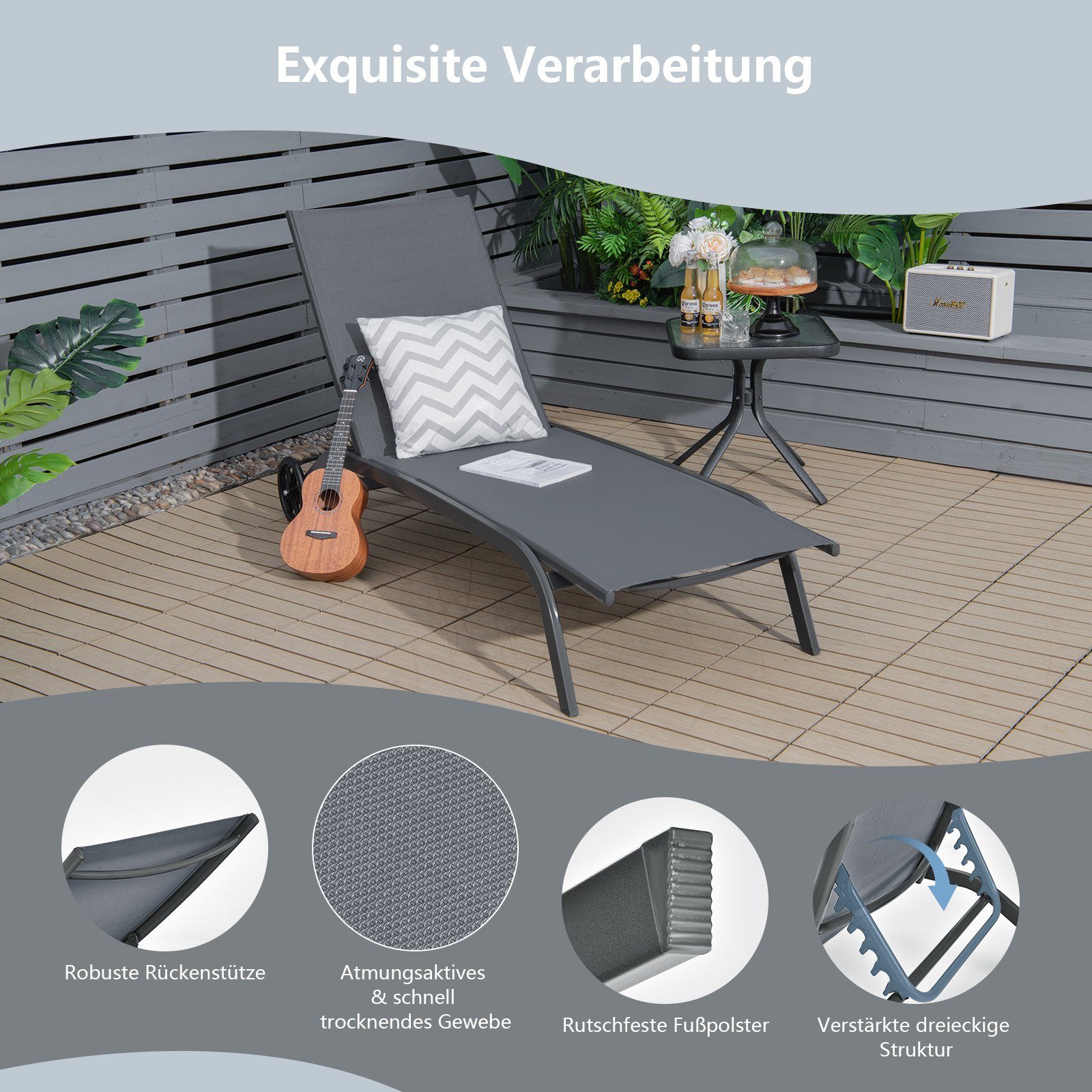 COSTWAY Gartenliege Sonnenliege, mit Rollen, 6-fach verstellbar – Bild 5 von 5