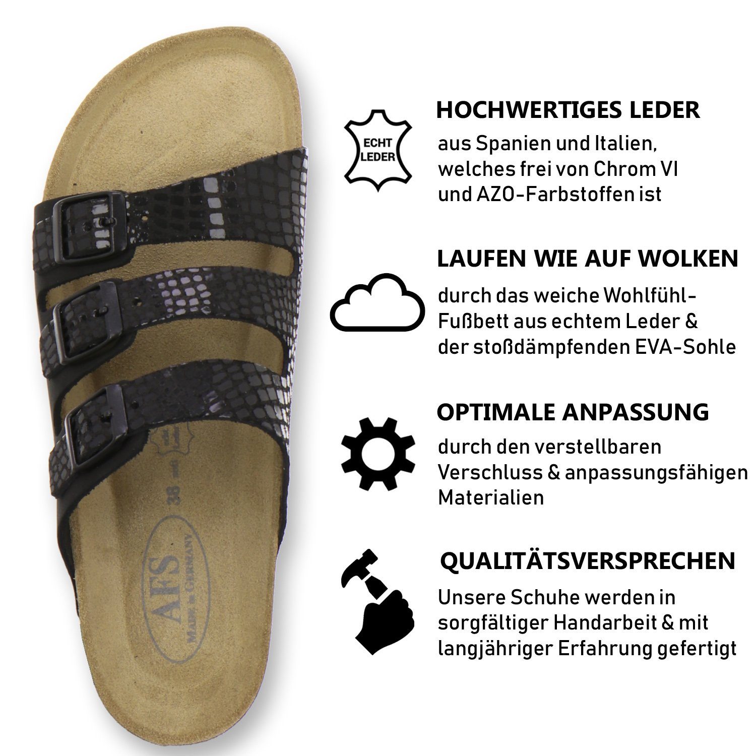 Leder Germany aus Made Fußbett, mit Pantolette in Damen 2133 AFS-Schuhe schwarz/crocco für