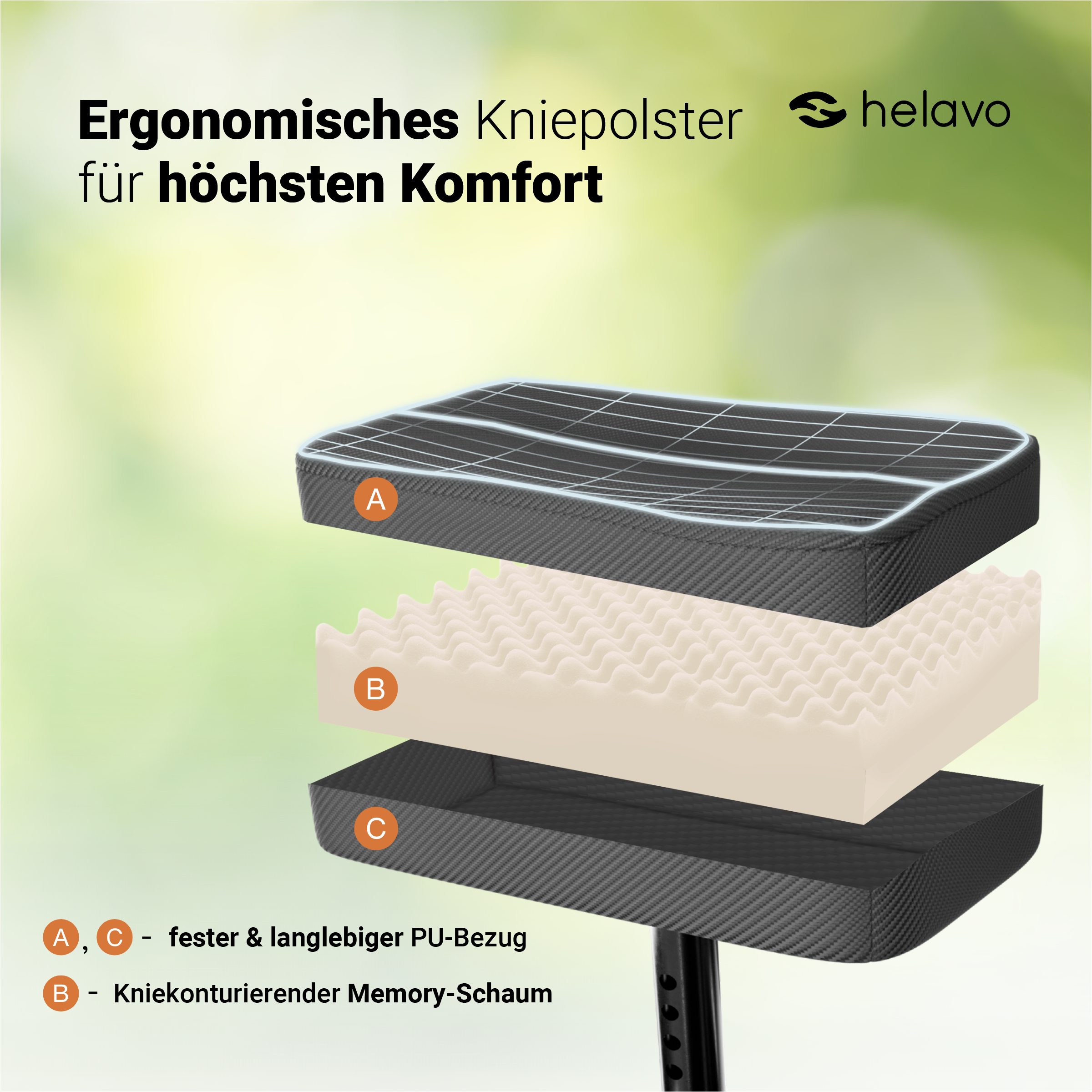 Helavo Rollator H1090, Knierollator faltbar & leicht mit Kniepolster, Scheibenbremse & Korb