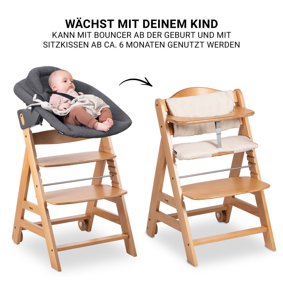 Hauck Hochstuhl Beta Plus Natural - Newborn Set, Babystuhl ab Geburt inkl. Aufsatz für Neugeborene, Tisch, Sitzauflage – Bild 4 von 5