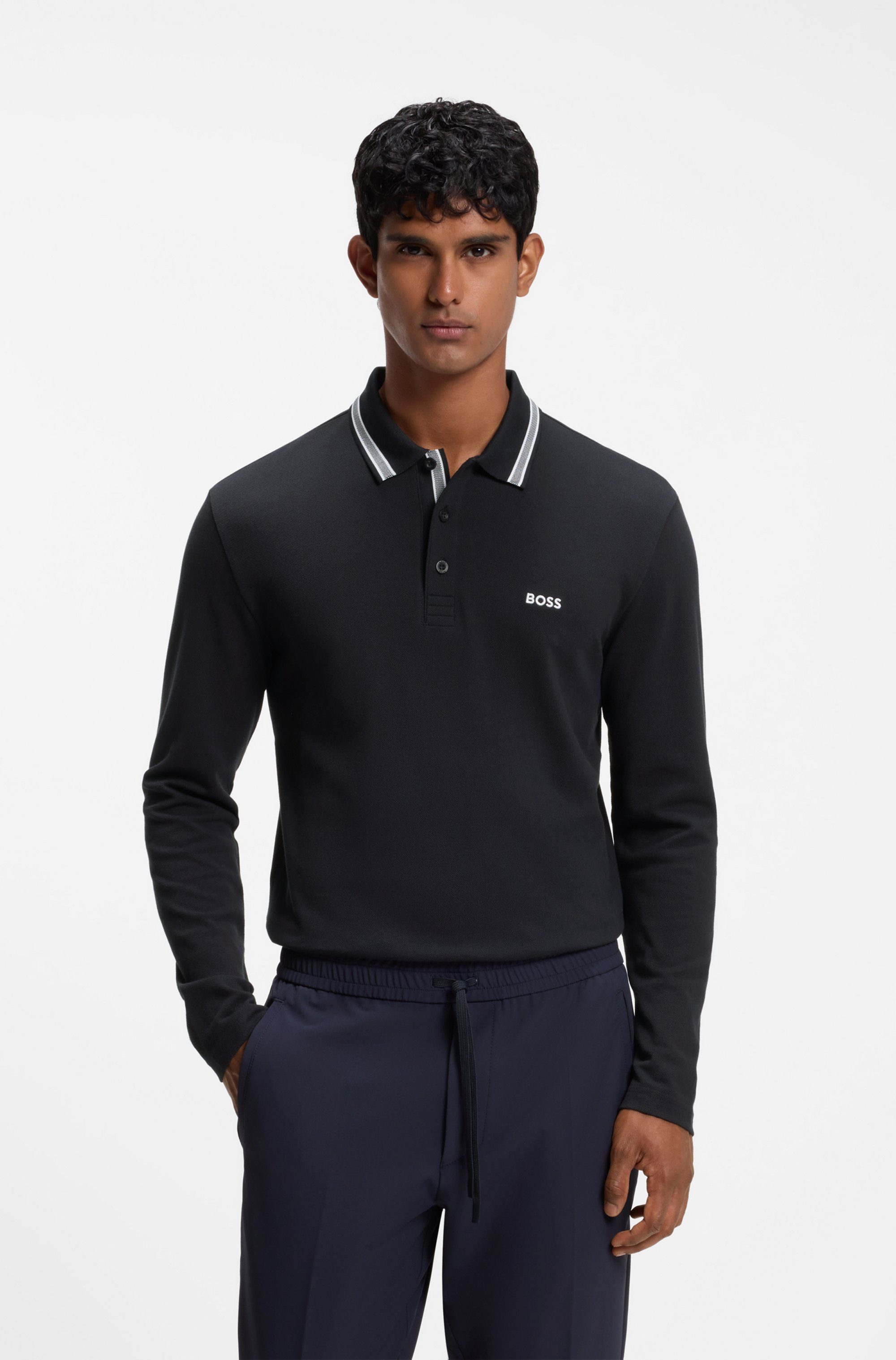 BOSS GREEN Langarm-Poloshirt Plisy mit Streifen am Kragen