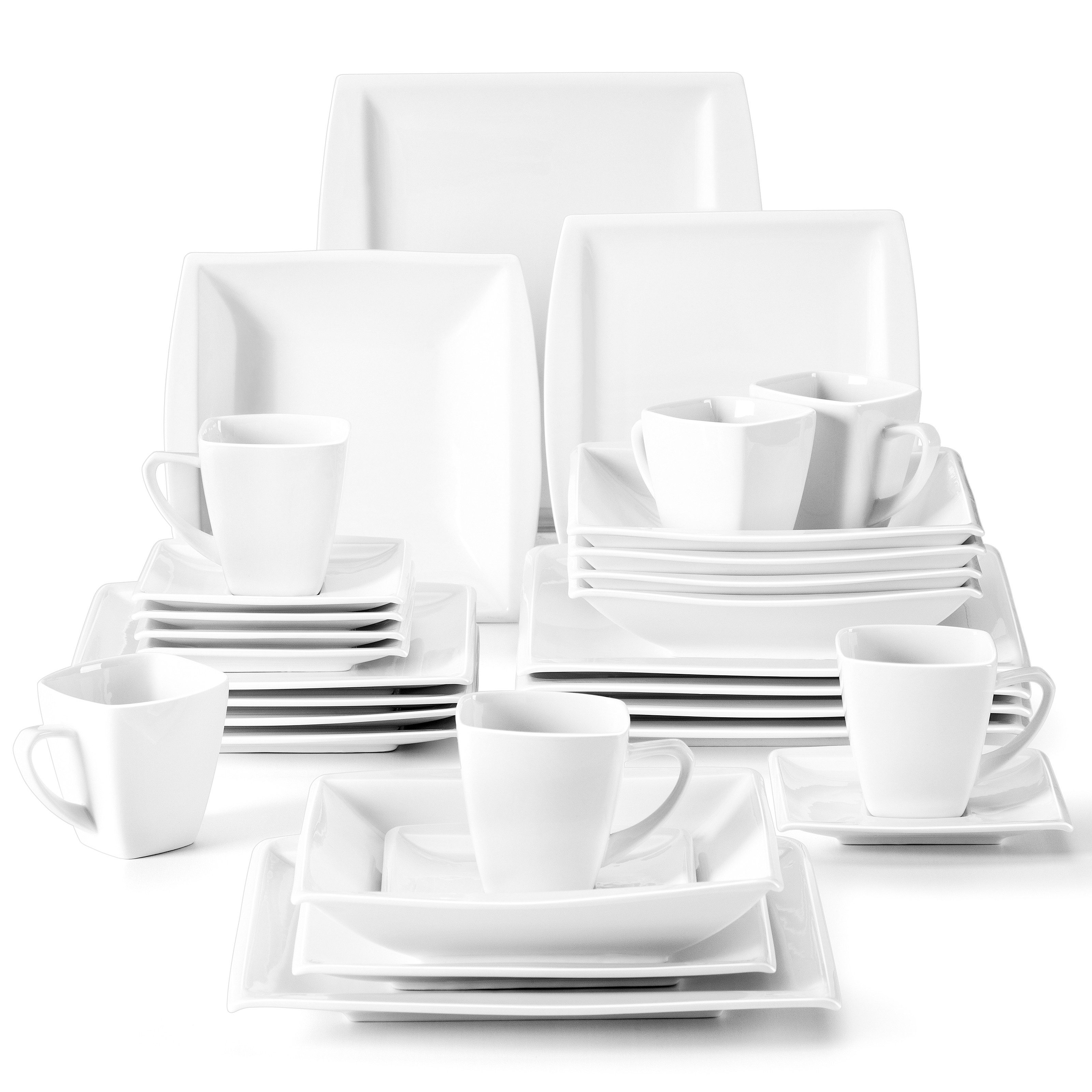 MALACASA Geschirr-Set Tafelservice BLANCE für 4/6 Personen (30-tlg), 6 Personen, Porzellan, Weiß Porzellan Geschirrset