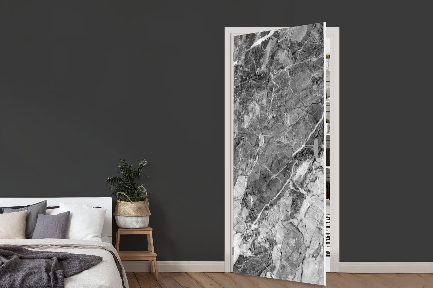 75x205 Türaufkleber, - bedruckt, Kieselstein Matt, (1 cm Fototapete Türtapete - Tür, für MuchoWow - Schwarz Granit St), Weiß,