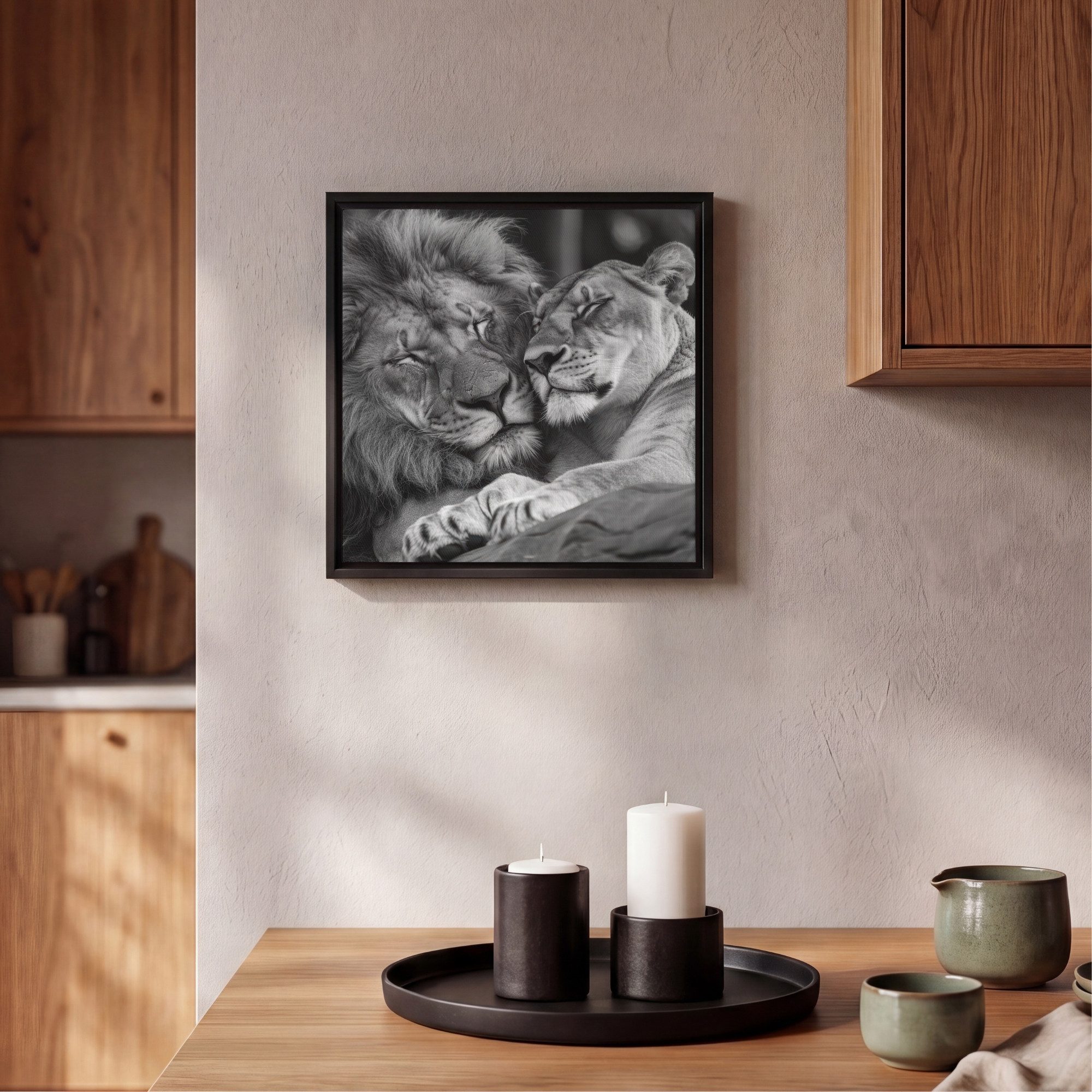OneMillionCanvasses® Leinwandbild mit Rahmen - Löwen - Tiere - Schwarz - Weiß - Löwe, Fotodruck (1 St), Leinwand Bilder Klein, Wand Dekoration Aesthetic 20x20cm – Bild 2 von 5