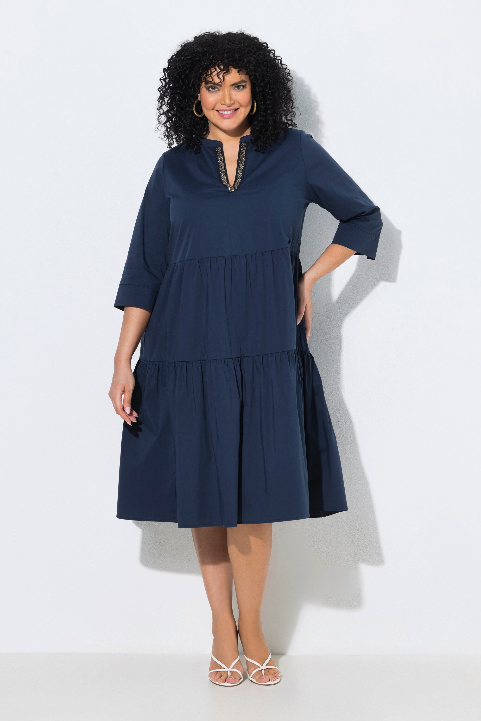 Jerseykleid Midikleid Volants A-Linie Tunika-Ausschnitt