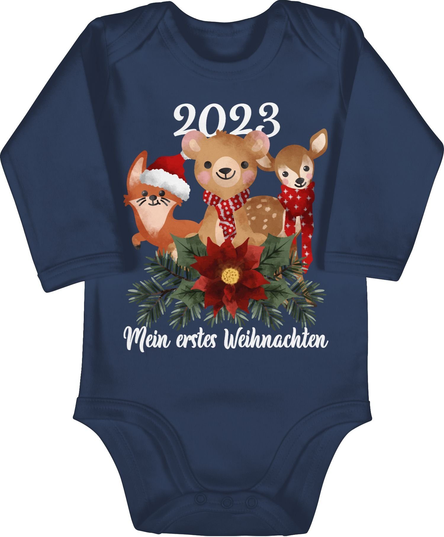 Shirtracer Shirtbody 2023 Mein erstes Weihnachten mit süßen Tieren - weiß Weihnachten Kleidung Baby 1 Navy Blau